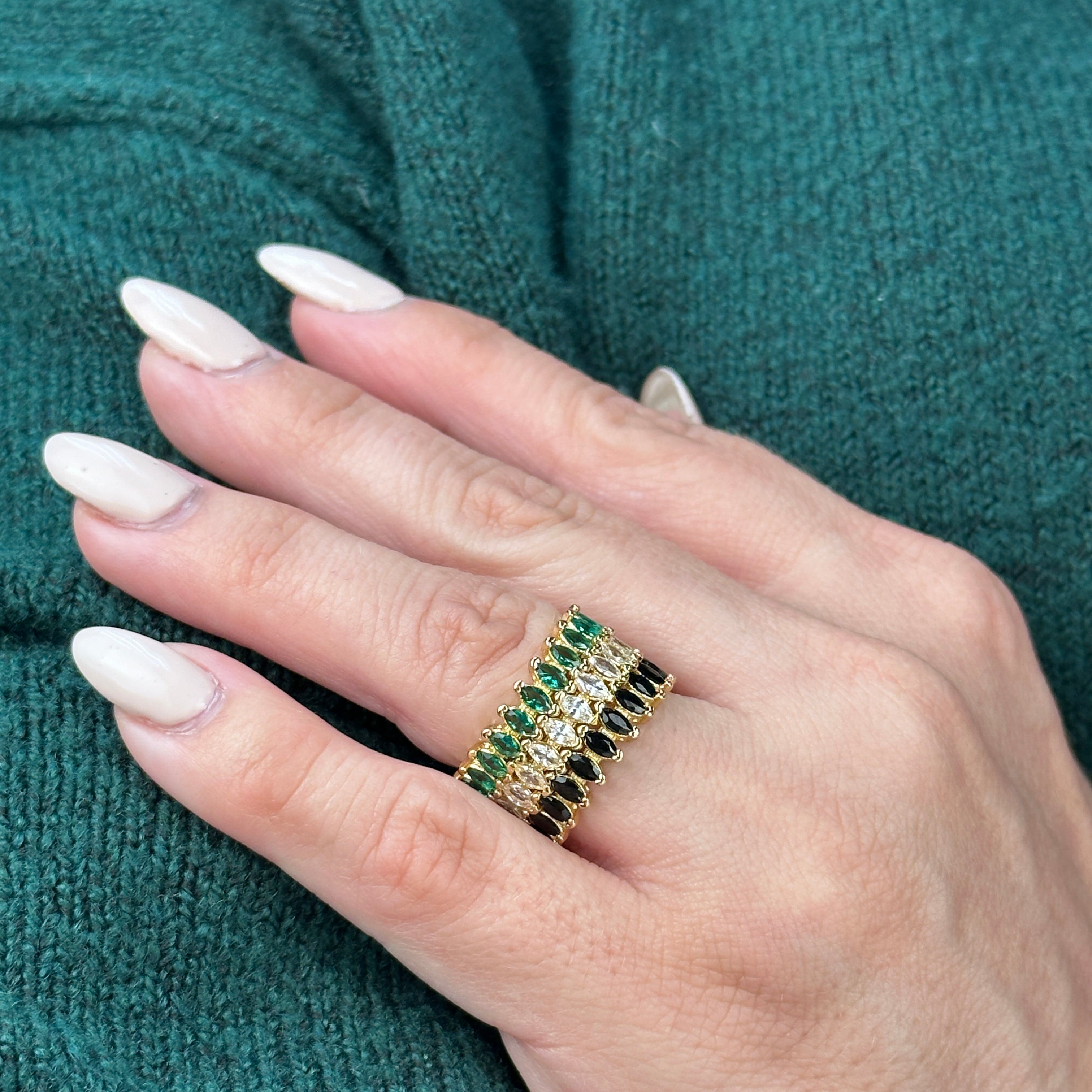 18k gold-filled marquise eternity band ring worn on a hand