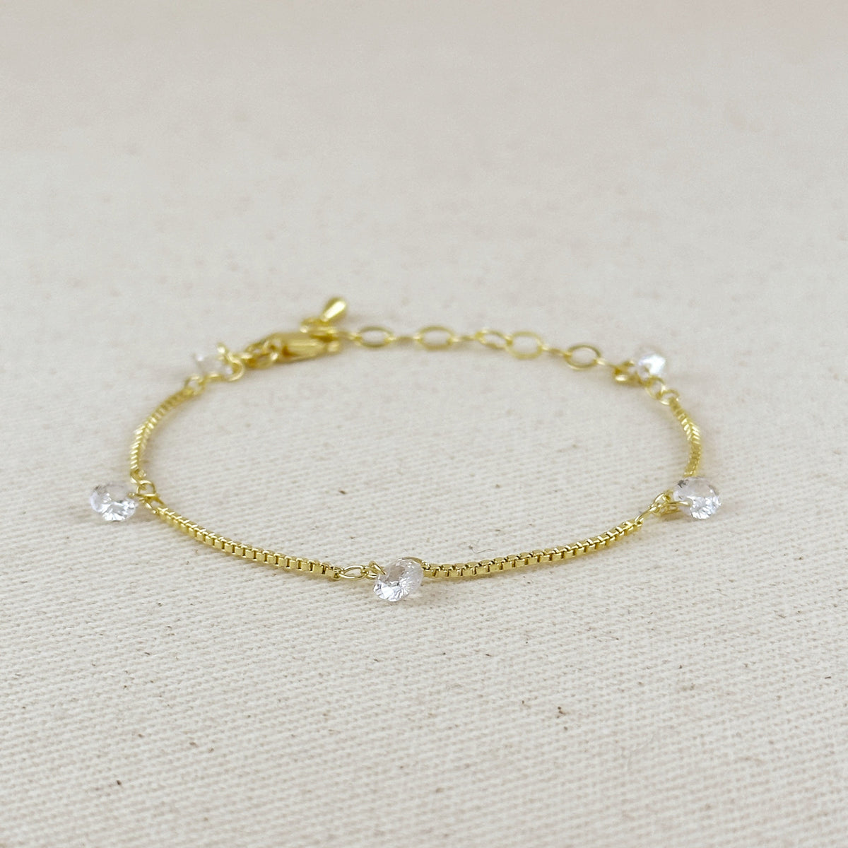 18K Gold Filled Box Chain & CZ Stones Bracelet