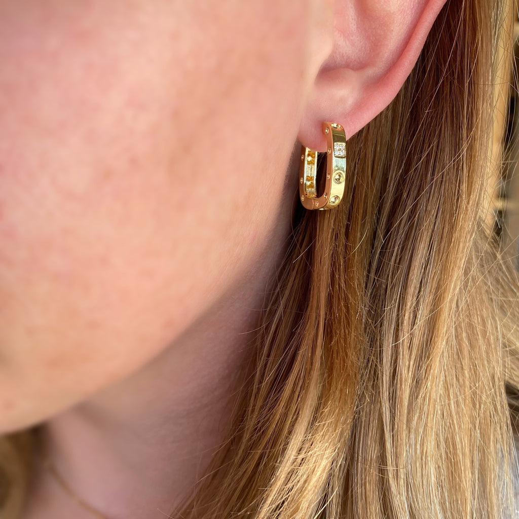 Mondsee 18k Gold Filled Medium Rectangular Clicker Hoop Earrings With Cubic Zirconia Detail | 18k Gold Filled Jewelry