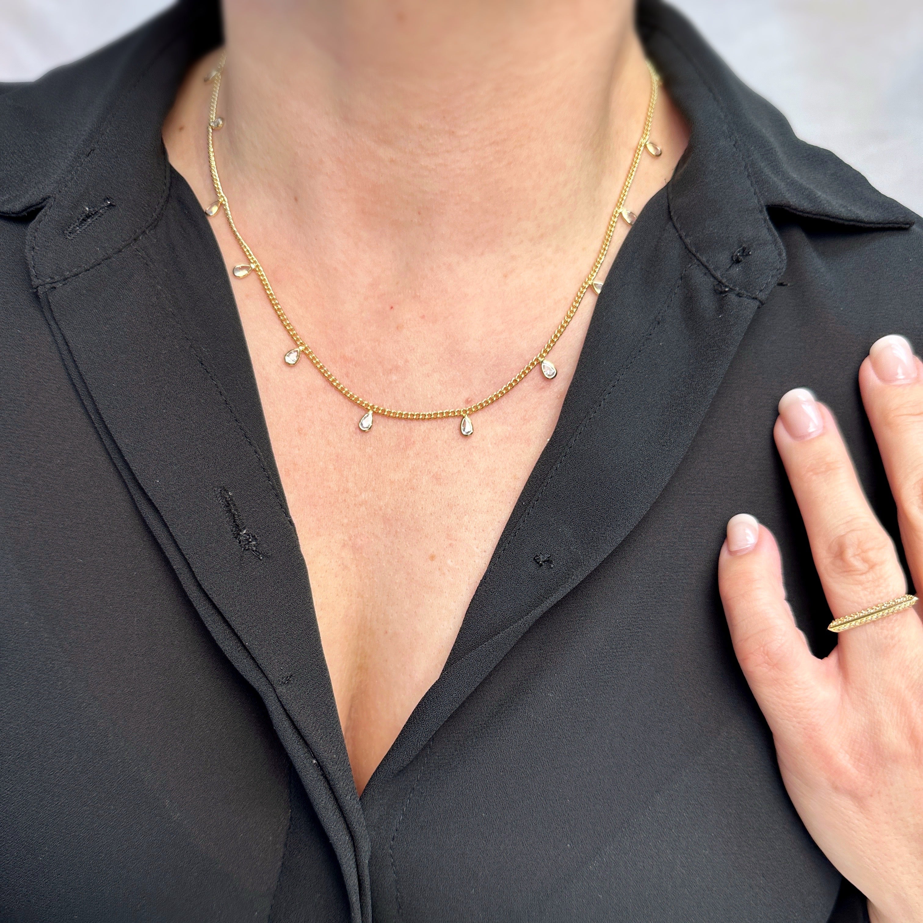 Mondsee 18k Gold Filled 2mm Curb Chain With Bezel CZ Drops Necklace | 18k Gold Filled Jewelry