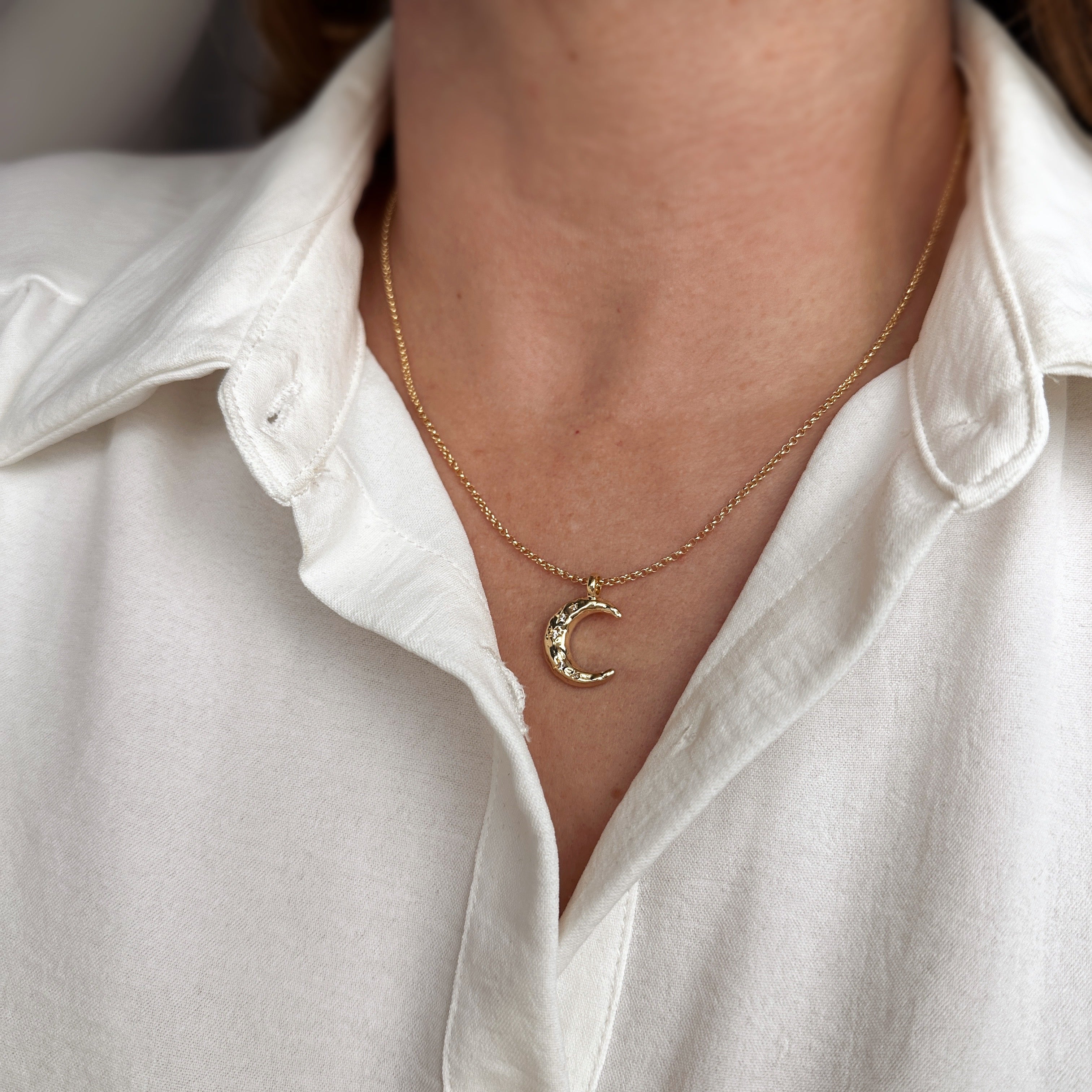 Mondsee 18k Gold Filled Hammered Crescent Moon CZ Necklace | 18k Gold Filled Jewelry