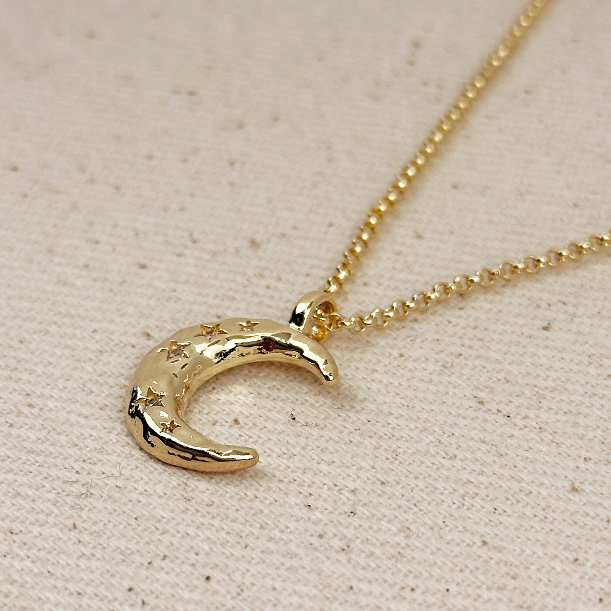 Mondsee 18k Gold Filled Hammered Crescent Moon CZ Necklace | 18k Gold Filled Jewelry