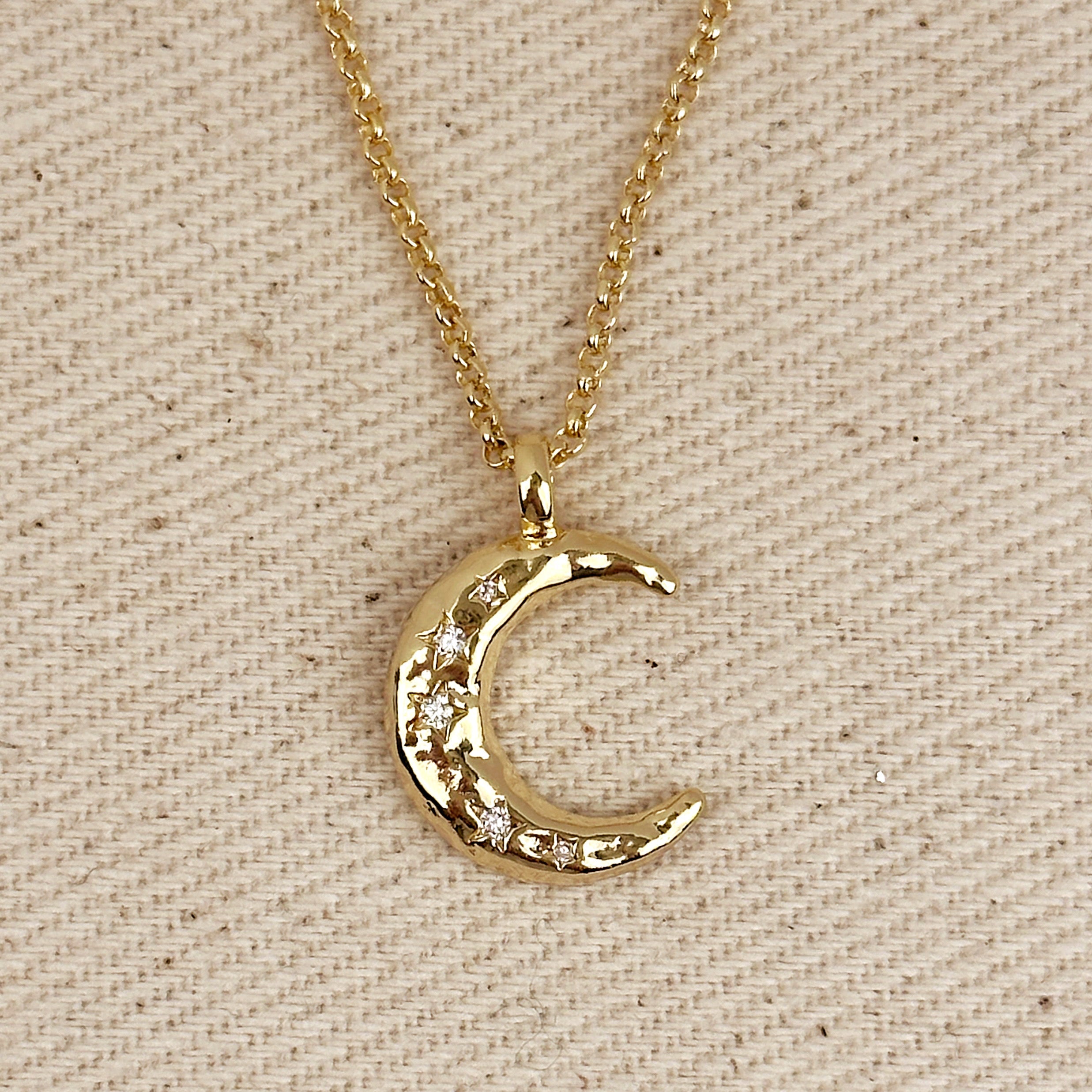 Mondsee 18k Gold Filled Hammered Crescent Moon CZ Necklace | 18k Gold Filled Jewelry