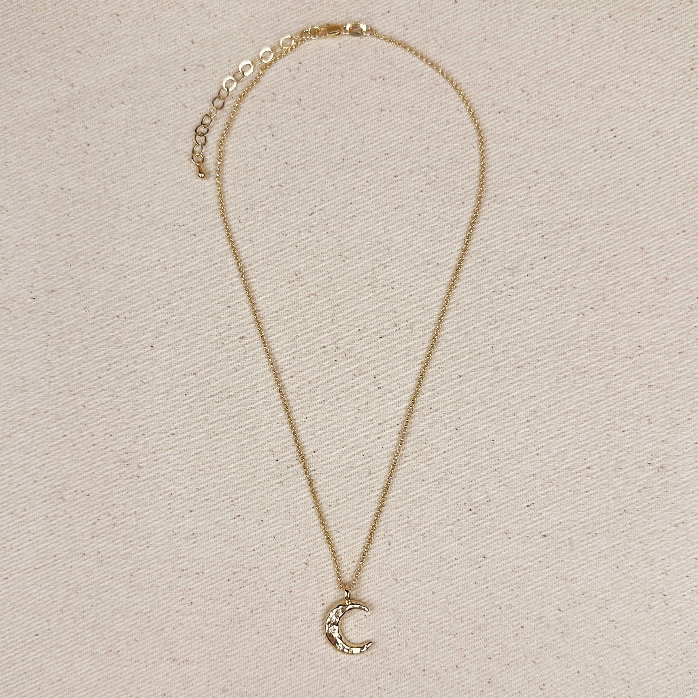 Mondsee 18k Gold Filled Hammered Crescent Moon CZ Necklace | 18k Gold Filled Jewelry
