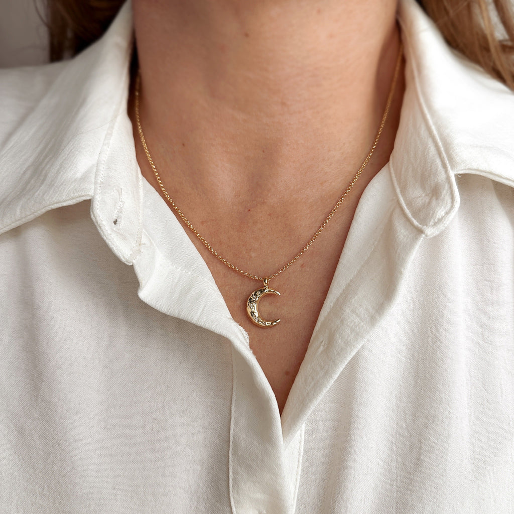 Mondsee 18k Gold Filled Hammered Crescent Moon CZ Necklace | 18k Gold Filled Jewelry