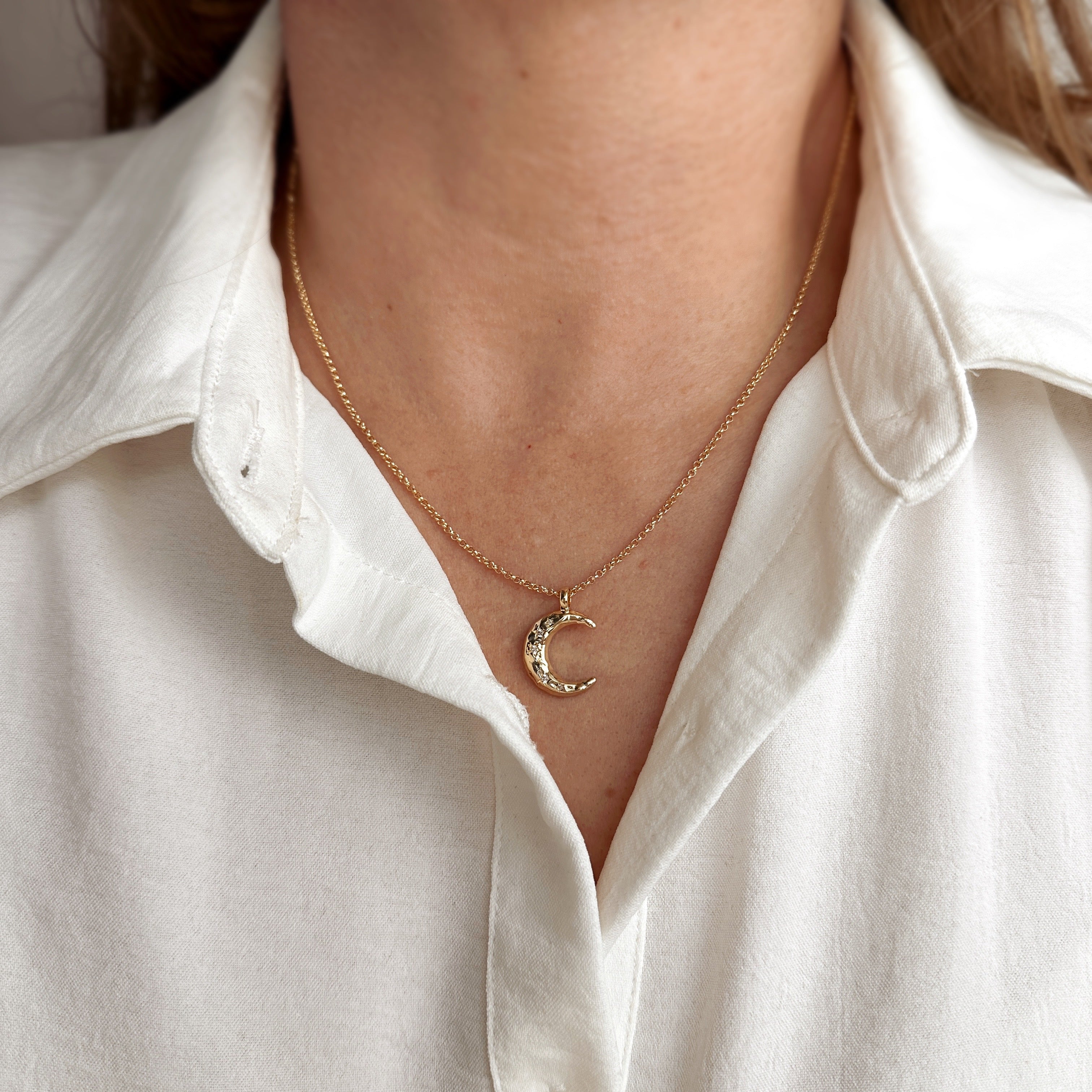 Mondsee 18k Gold Filled Hammered Crescent Moon CZ Necklace | 18k Gold Filled Jewelry