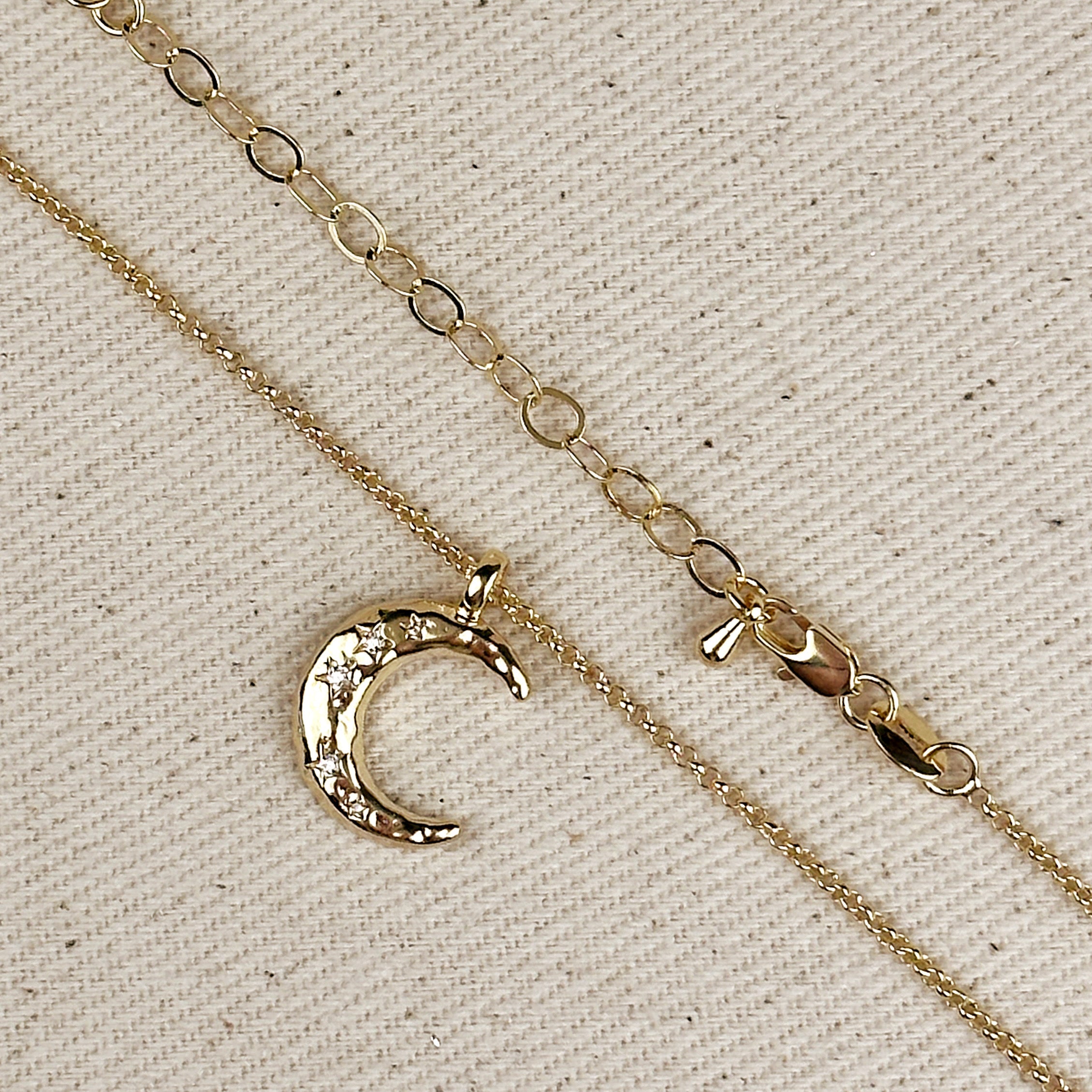 Mondsee 18k Gold Filled Hammered Crescent Moon CZ Necklace | 18k Gold Filled Jewelry