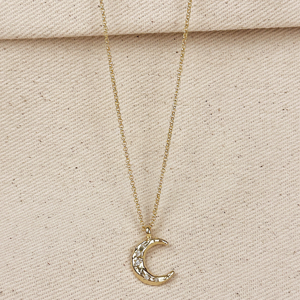 Mondsee 18k Gold Filled Hammered Crescent Moon CZ Necklace | 18k Gold Filled Jewelry
