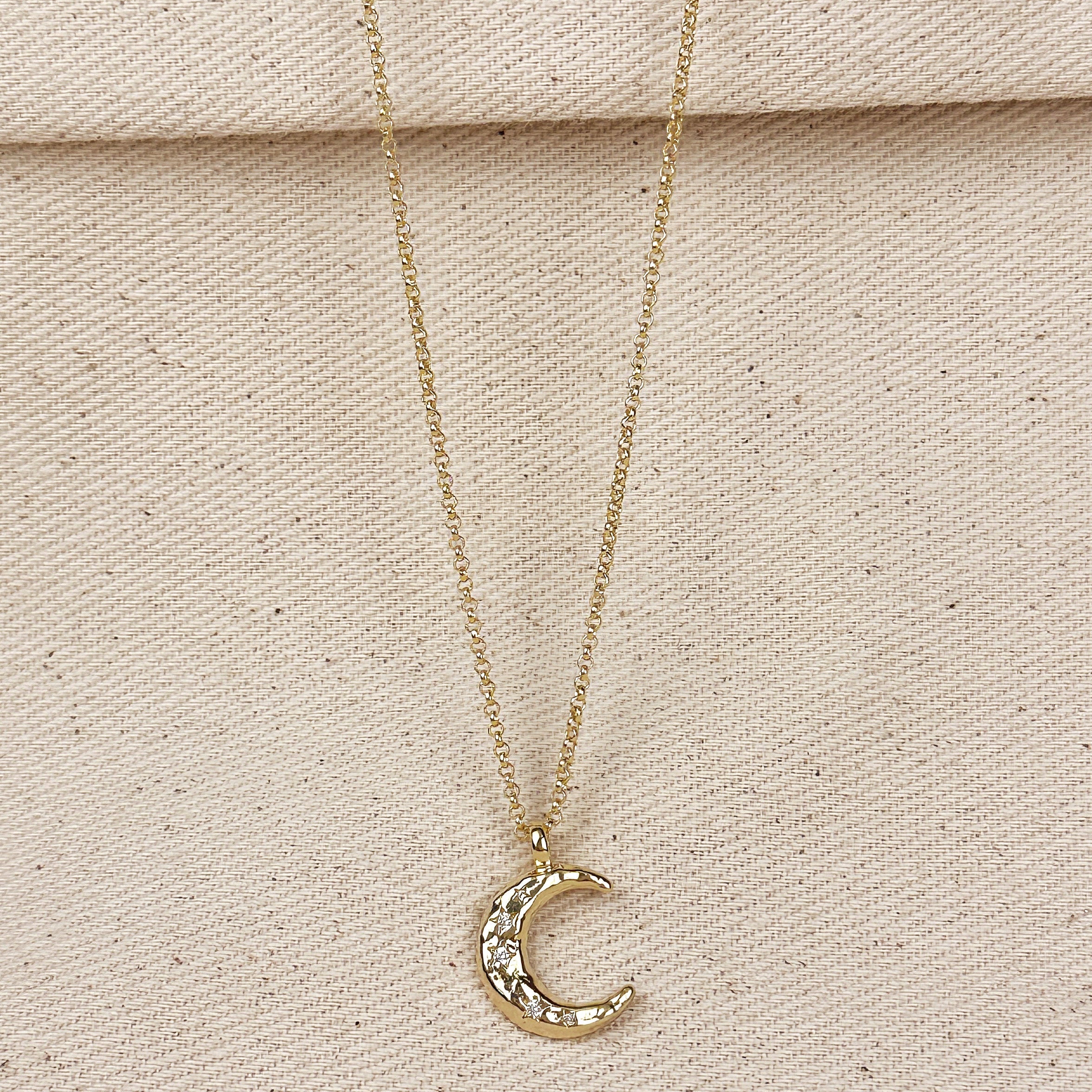 Mondsee 18k Gold Filled Hammered Crescent Moon CZ Necklace | 18k Gold Filled Jewelry