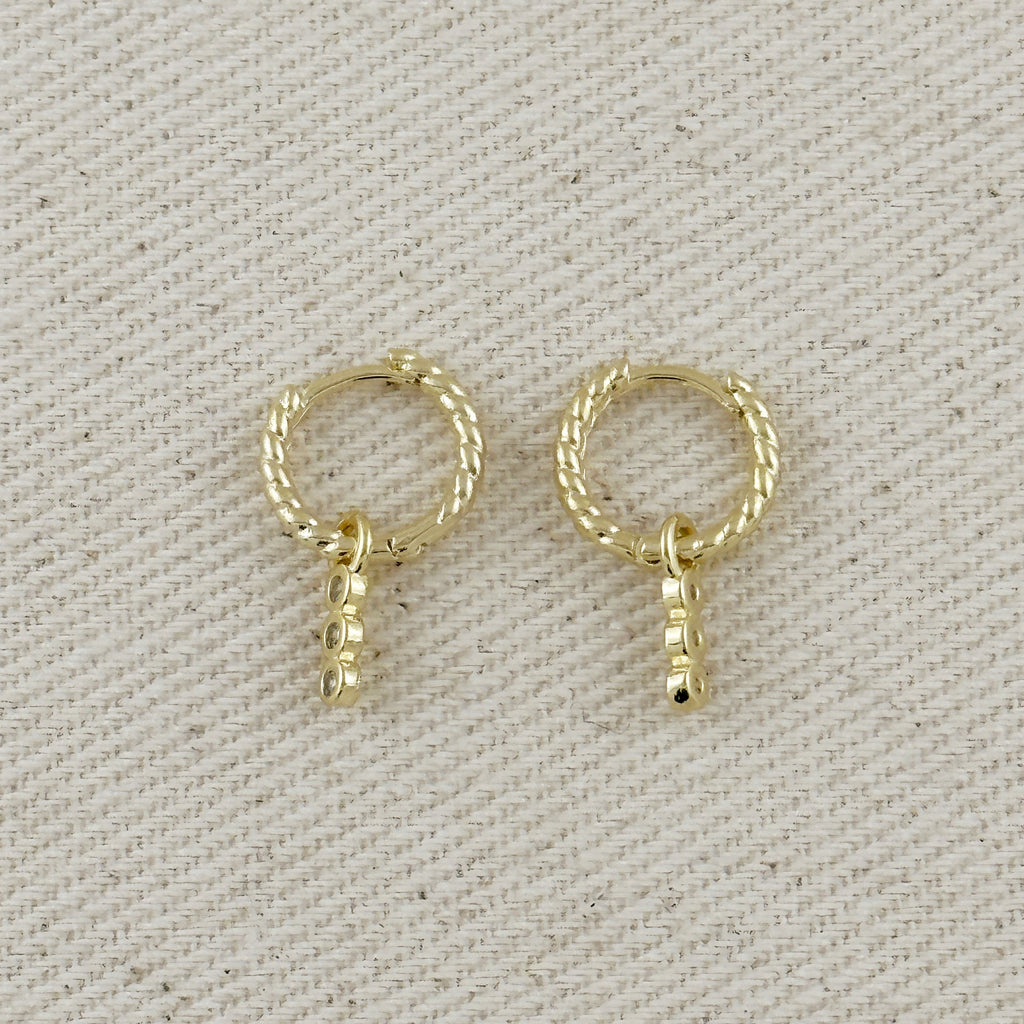 18k Gold Filled Mini Twisted Hoop Earrings With CZ Charm
