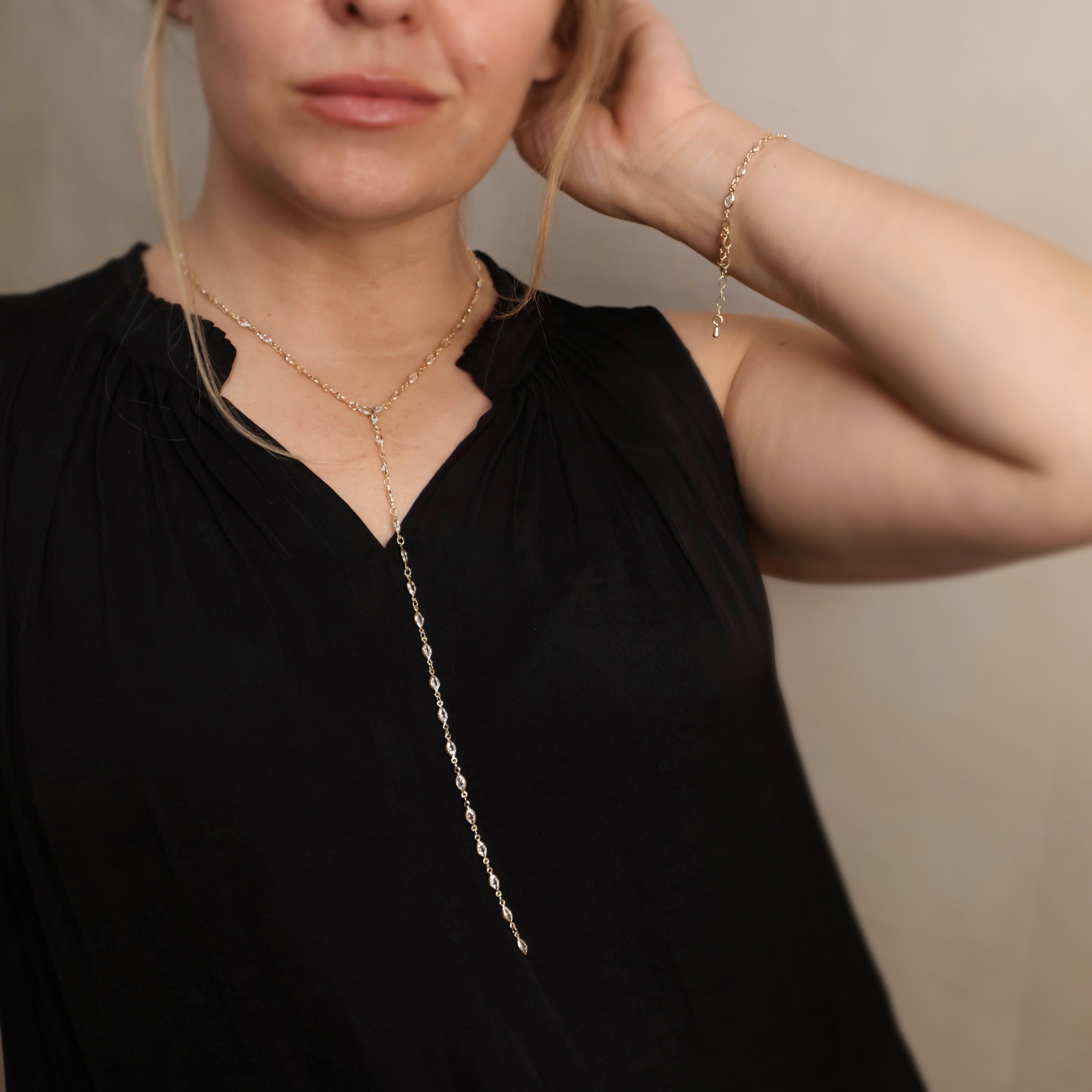 Mondsee 18k Gold Filled Bezel Ellipse CZ Lariat Necklace | 18k Gold Filled Jewelry