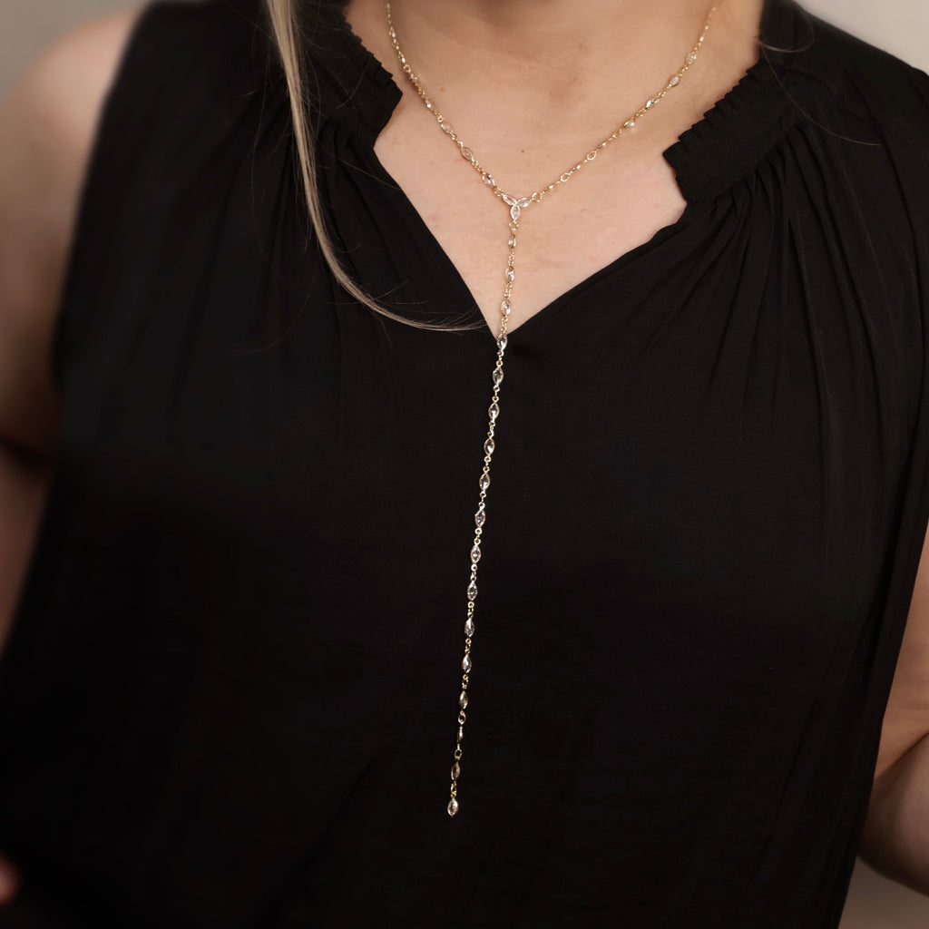 Mondsee 18k Gold Filled Bezel Ellipse CZ Lariat Necklace | 18k Gold Filled Jewelry