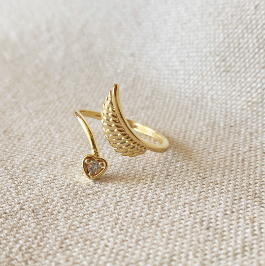 GoldFi 18k Gold Filled Adjustable Open Boho Ring Featuring Heart With Cubic Zirconia And Wing Making