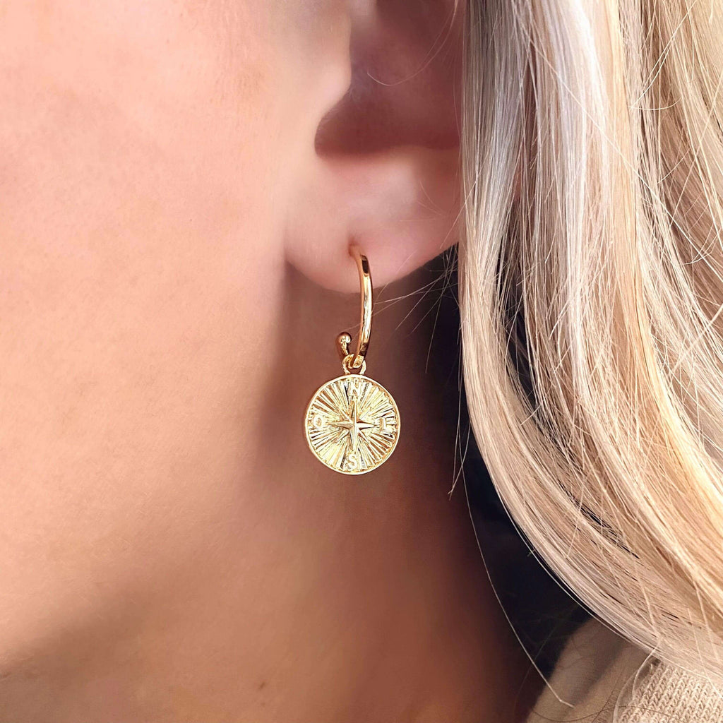 Mondsee 18k Gold Filled C Hoops With Dainty Compass Charm | 18k Gold Filled Jewelry