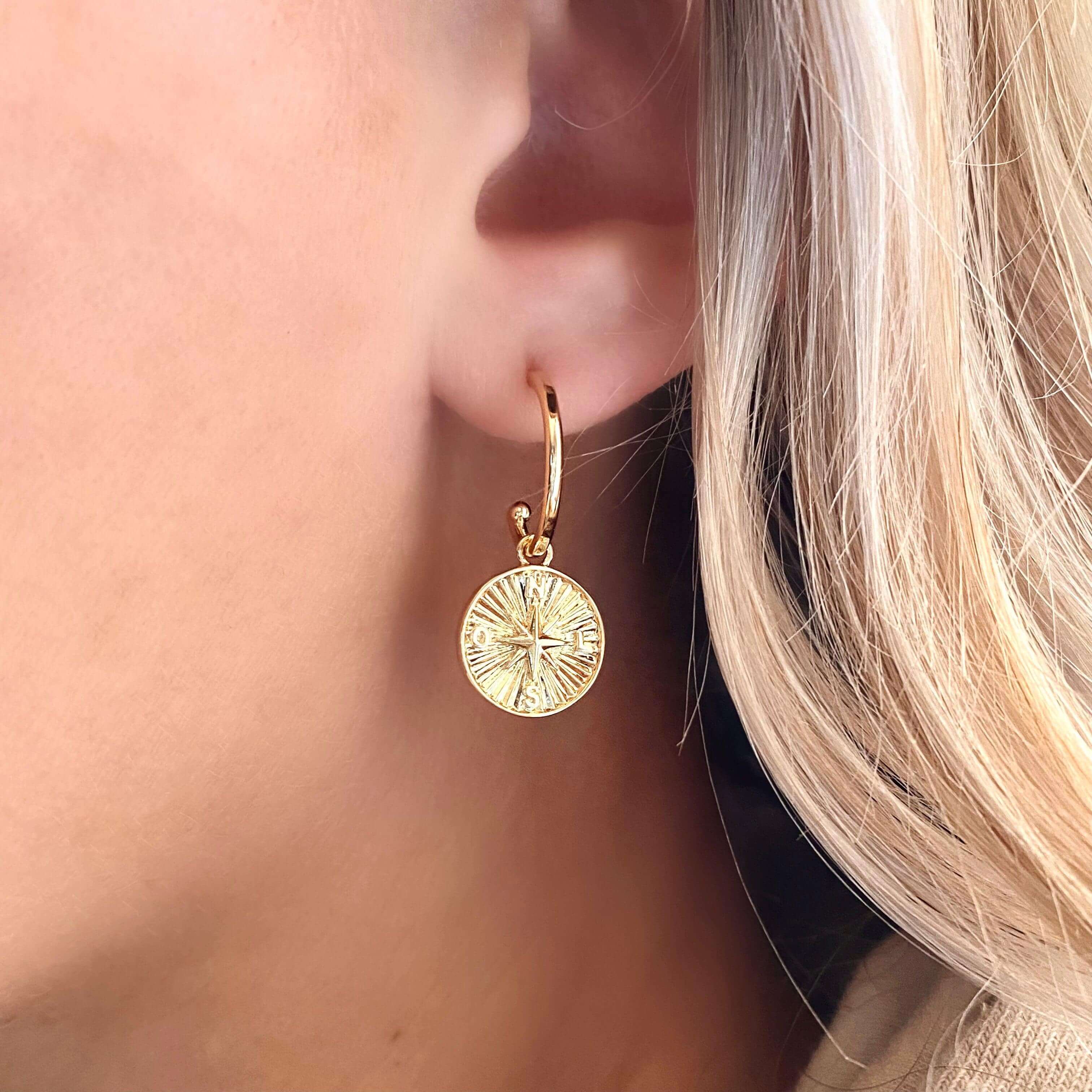 Mondsee 18k Gold Filled C Hoops With Dainty Compass Charm | 18k Gold Filled Jewelry