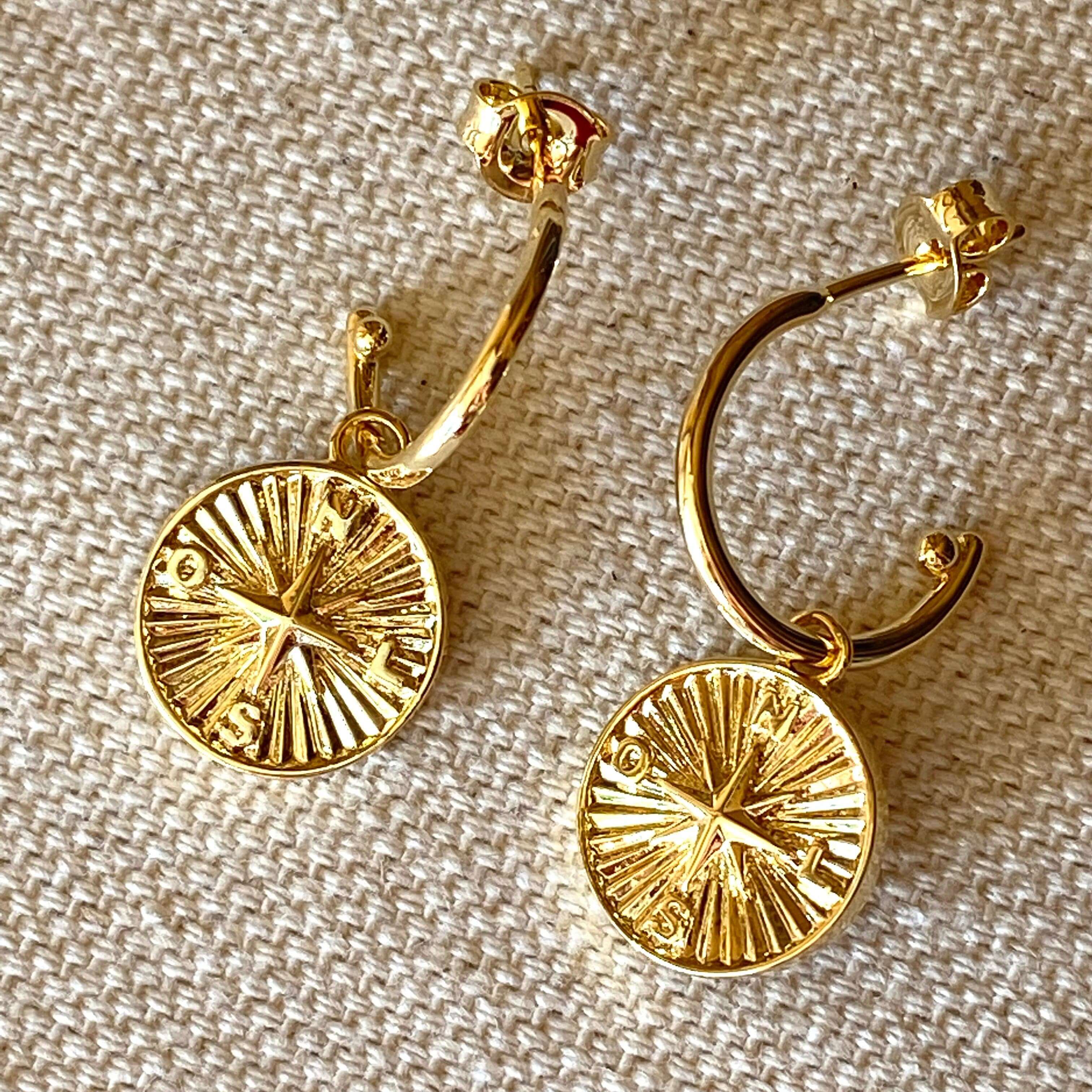 Mondsee 18k Gold Filled C Hoops With Dainty Compass Charm | 18k Gold Filled Jewelry