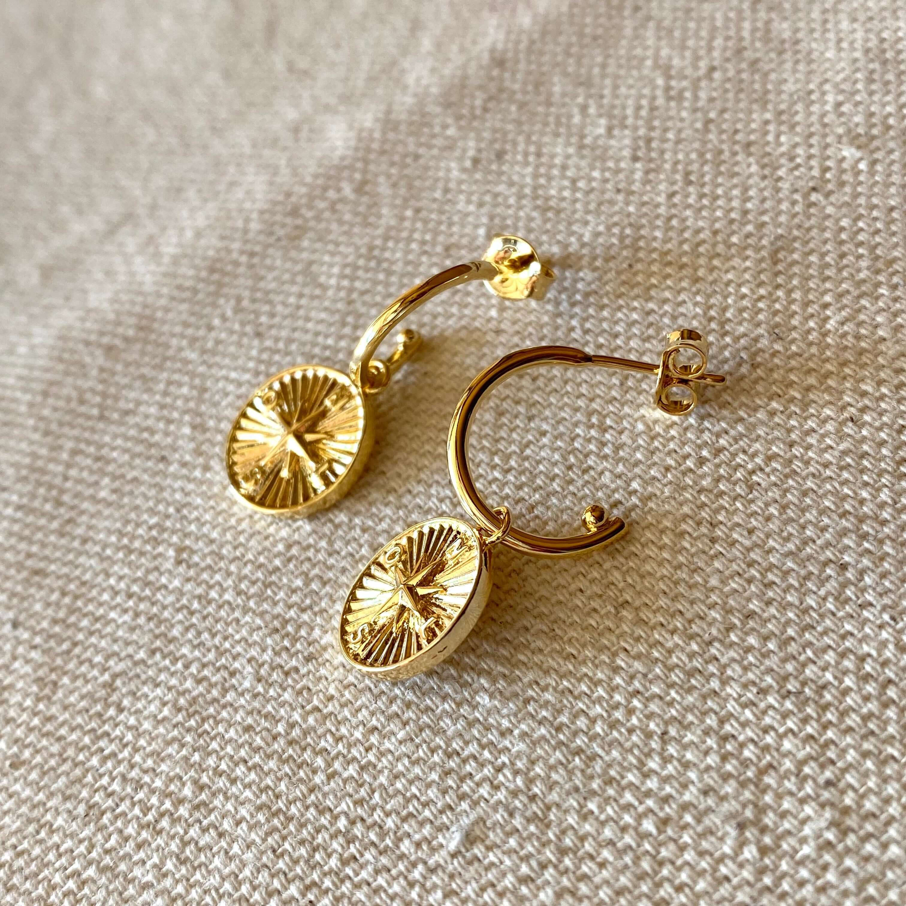 Mondsee 18k Gold Filled C Hoops With Dainty Compass Charm | 18k Gold Filled Jewelry