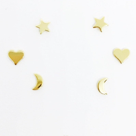 Mondsee 18k Gold Filled Dainty Earrings Trio Set of Star Moon And Heart Studs | 18k Gold Filled Jewelry