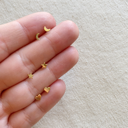 Mondsee 18k Gold Filled Dainty Earrings Trio Set of Star Moon And Heart Studs | 18k Gold Filled Jewelry