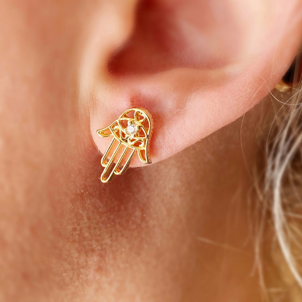 Mondsee 18k Gold Filled Dainty Hamsa Stud Earrings | 18k Gold Filled Jewelry