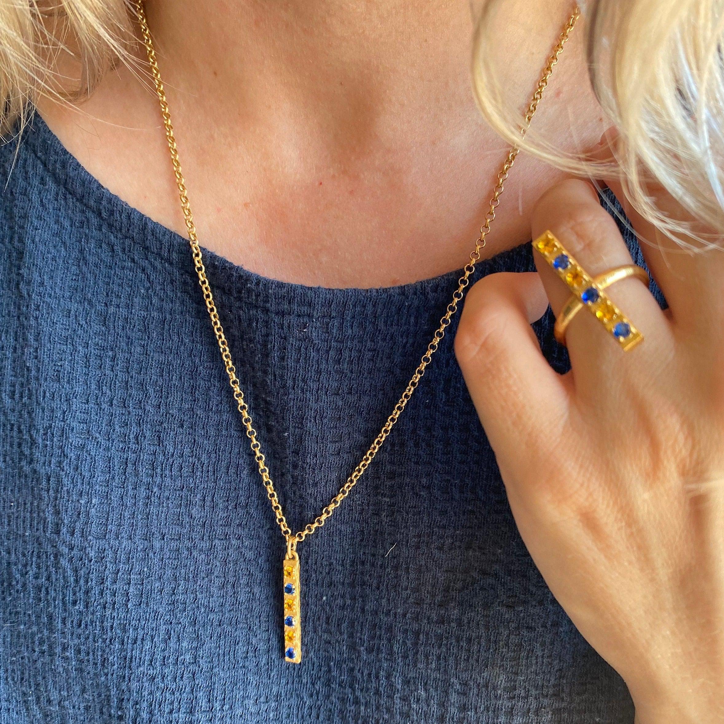 Mondsee 18k Gold Filled Delicate Bar Sapphire And Topaz Cubic Zirconia | 18k Gold Filled Jewelry
