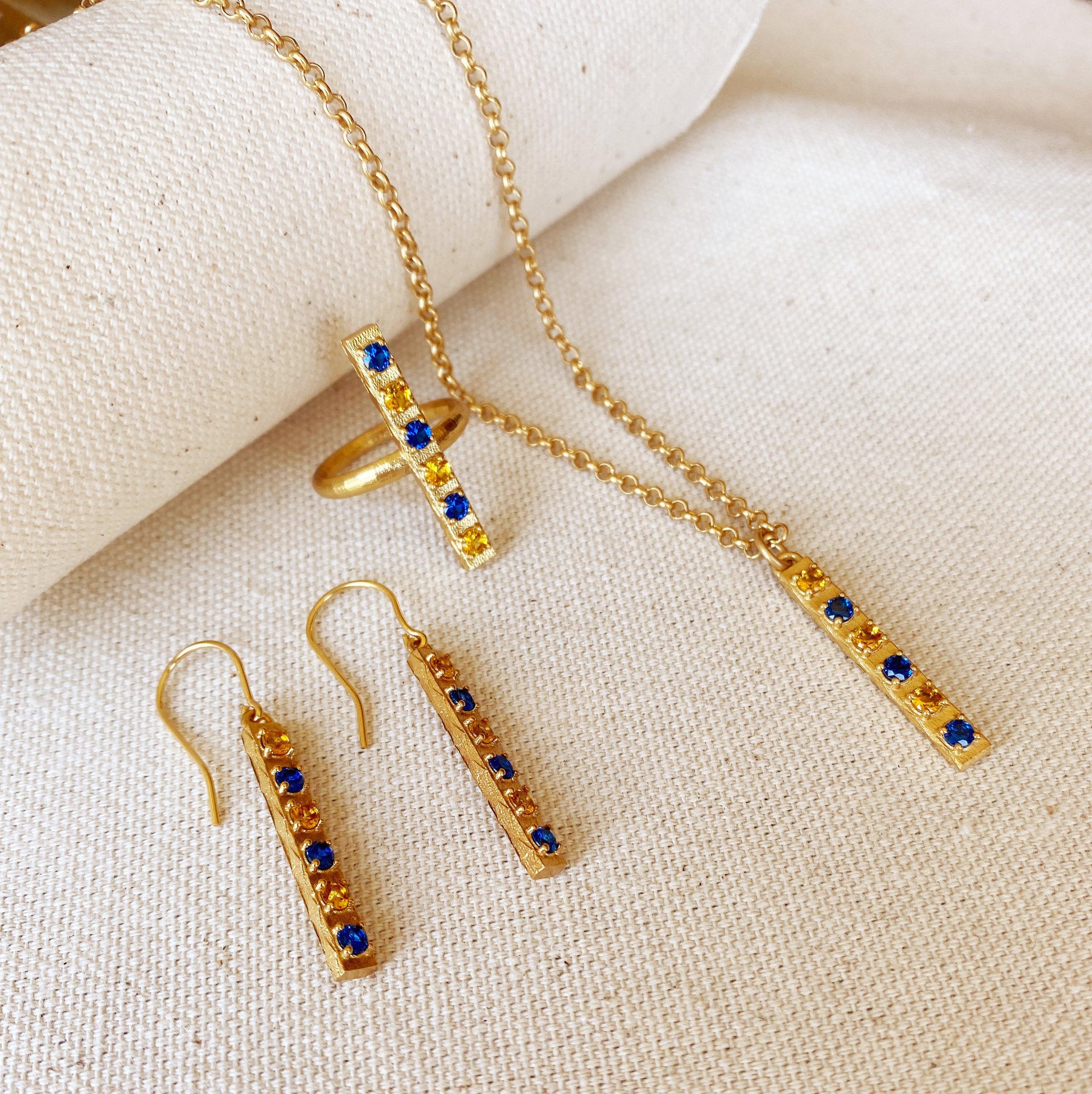 Mondsee 18k Gold Filled Delicate Bar Sapphire And Topaz Cubic Zirconia | 18k Gold Filled Jewelry