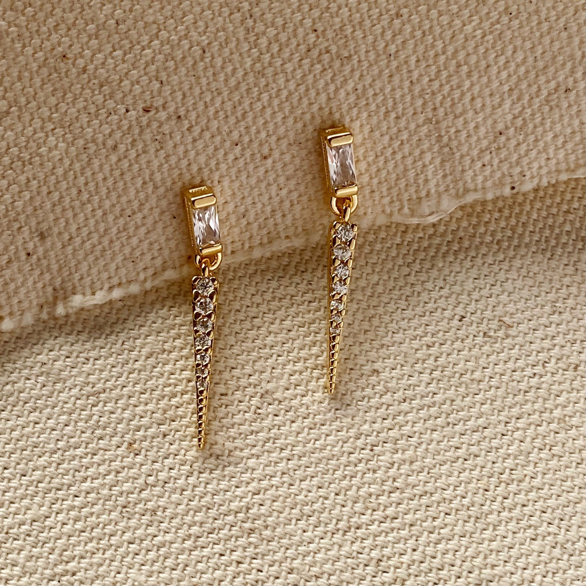 GoldFi 18k Gold Filled Earrings Featuring Baguette Cubic Zircon With Spike Drop