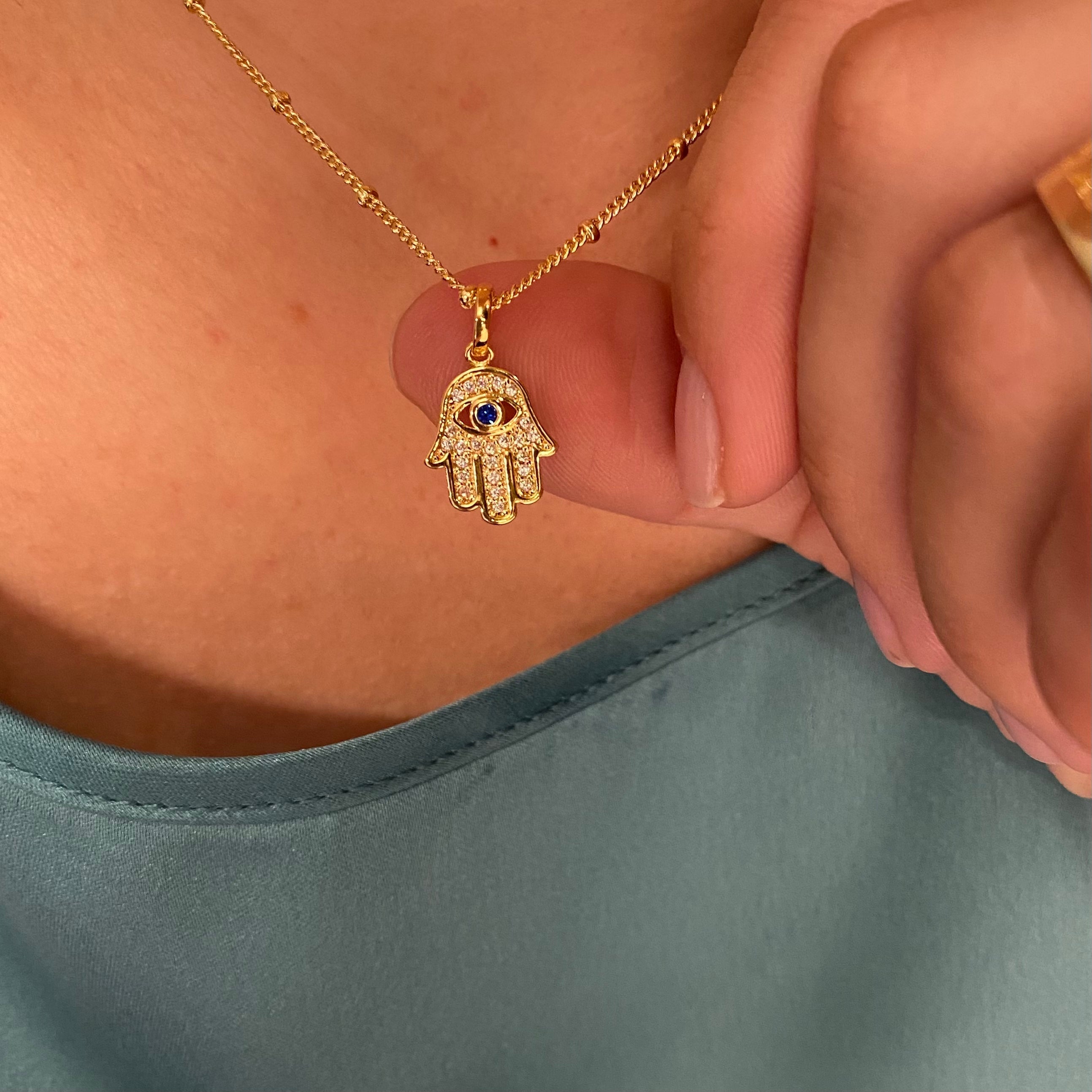 Mondsee 18k Gold Filled Evil Eye Hamsa Charm Featuring Cubic Zirconia Pendant | 18k Gold Filled Jewelry