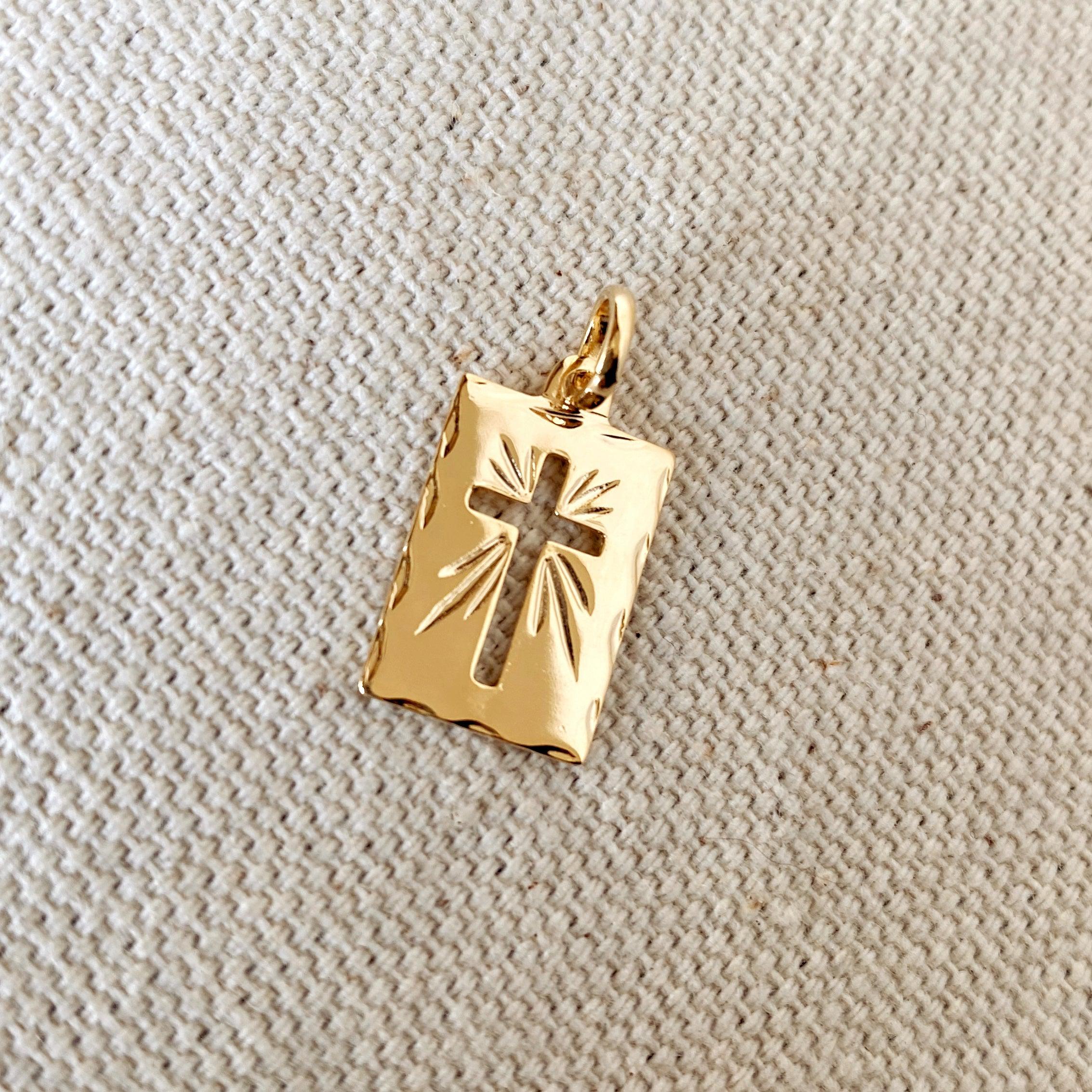 Mondsee 18k Gold Filled Hollow Cross Tag Plate Pendant Featuring Diamond Cut Borders | 18k Gold Filled Jewelry