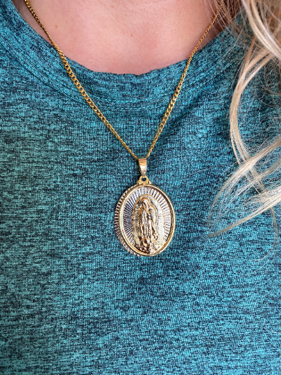 Mondsee 18k Gold Filled Hollowed Oval Lady of Guadalupe Pendant | 18k Gold Filled Jewelry