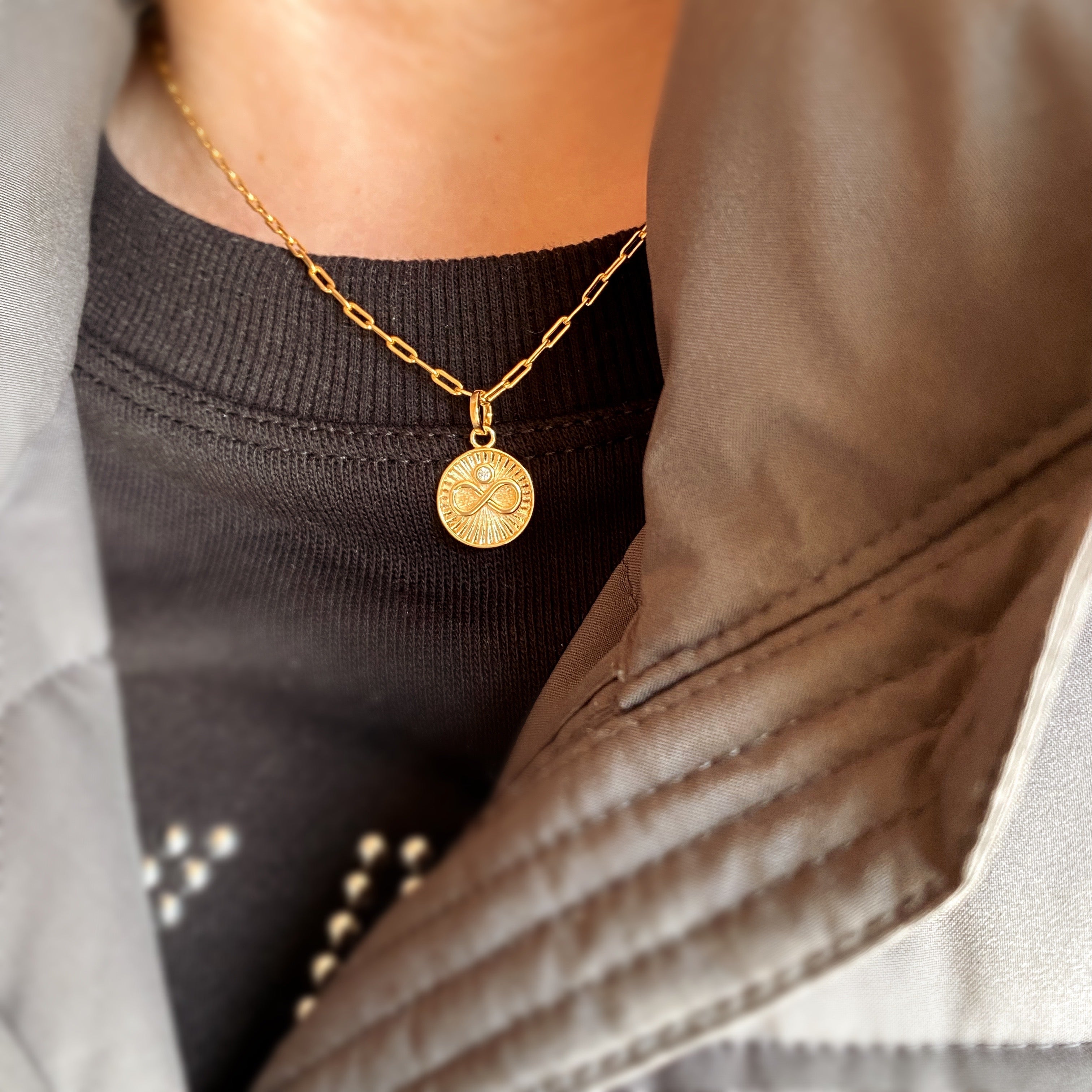 Mondsee 18k Gold Filled Infinity Charm Spokes From Center to Edges Pendant Solitaire Cubic Zirconia | 18k Gold Filled Jewelry