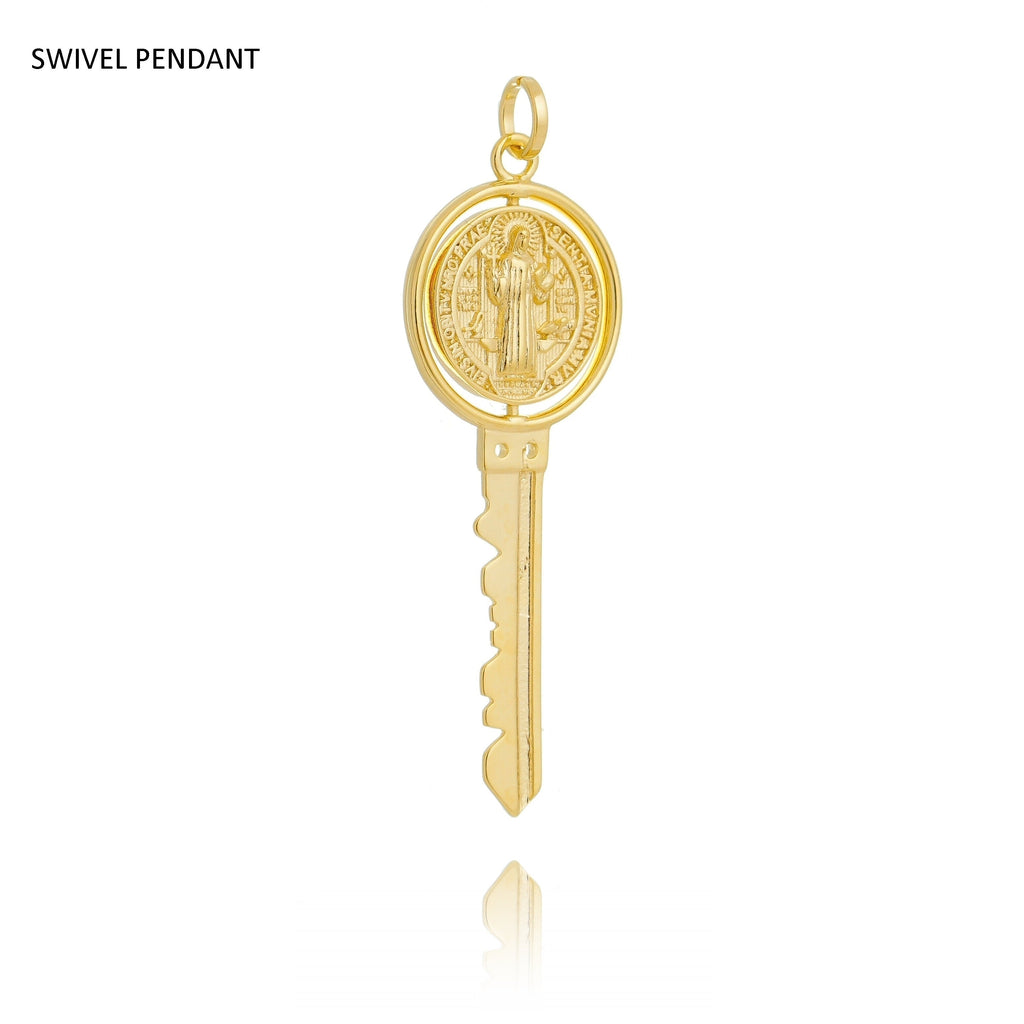 Mondsee 18k Gold Filled Key Pendant Featuring Swivel Medal Of St. Benedict | 18k Gold Filled Jewelry