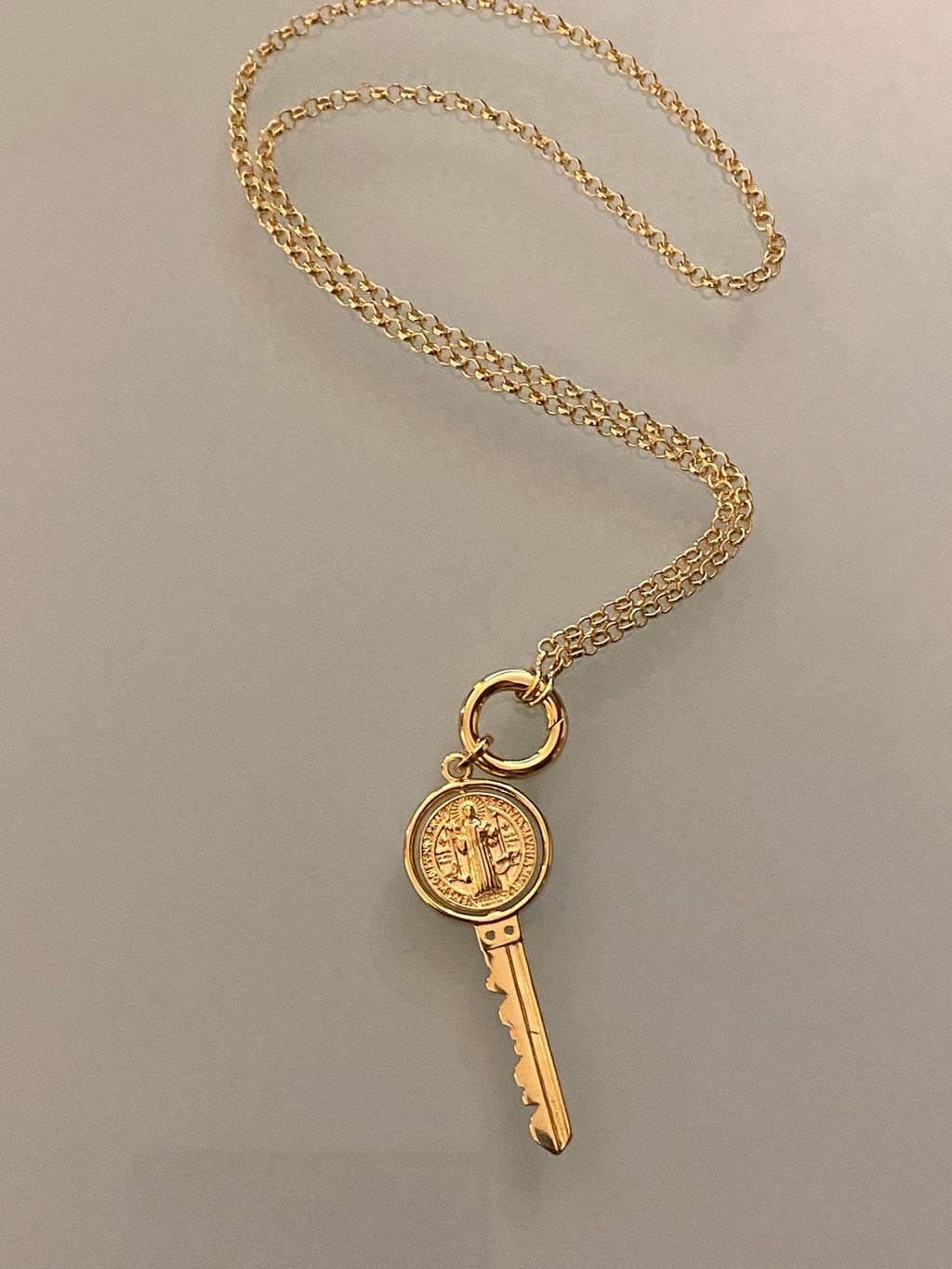 Mondsee 18k Gold Filled Key Pendant Featuring Swivel Medal Of St. Benedict | 18k Gold Filled Jewelry