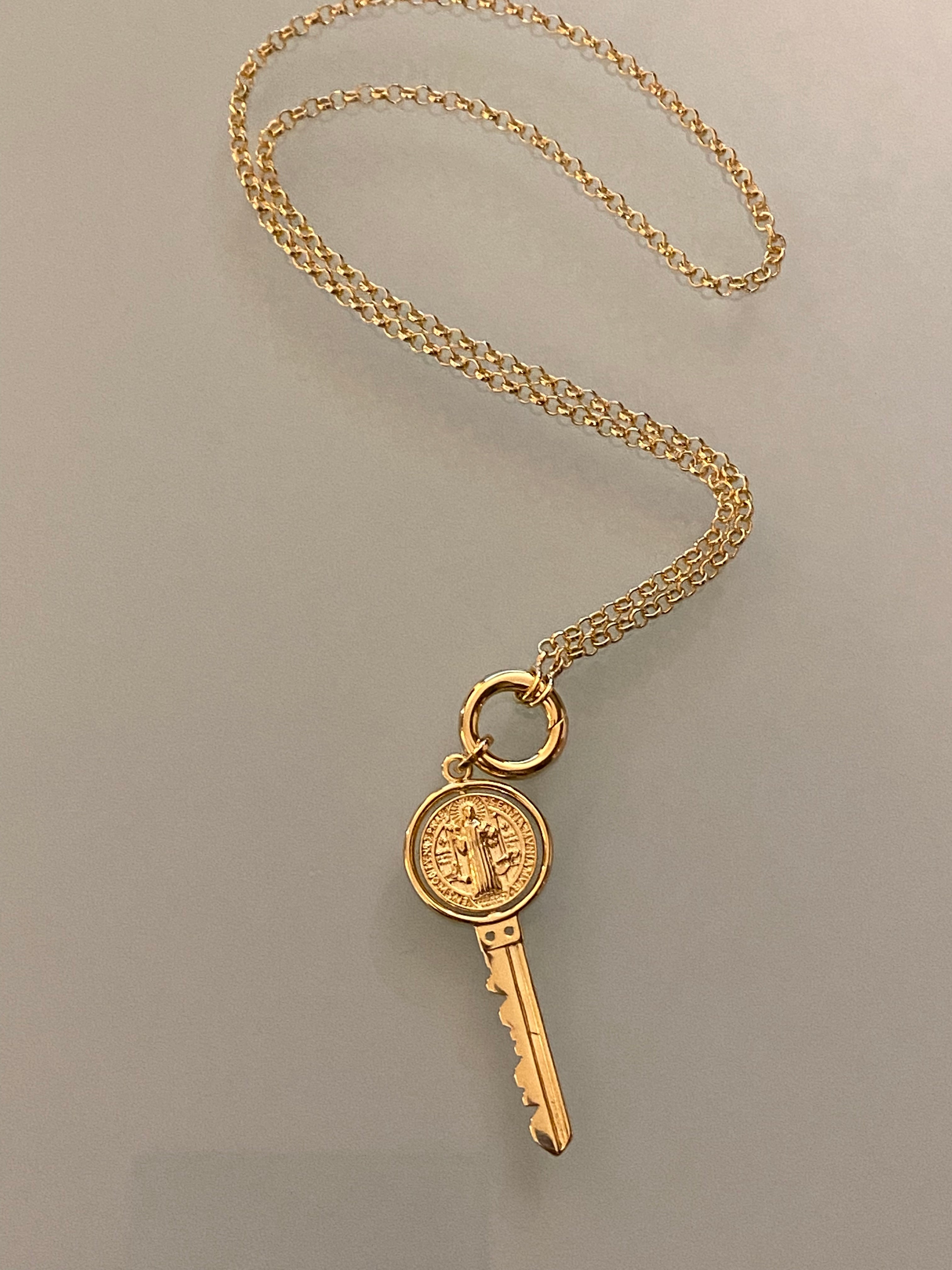 Mondsee 18k Gold Filled Key Pendant Featuring Swivel Medal Of St. Benedict | 18k Gold Filled Jewelry