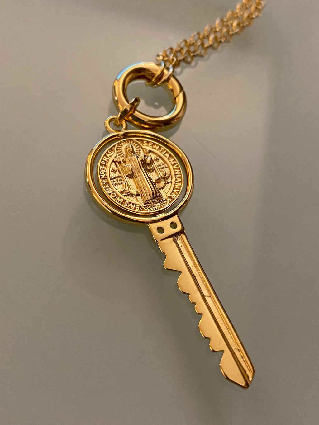 Mondsee 18k Gold Filled Key Pendant Featuring Swivel Medal Of St. Benedict | 18k Gold Filled Jewelry