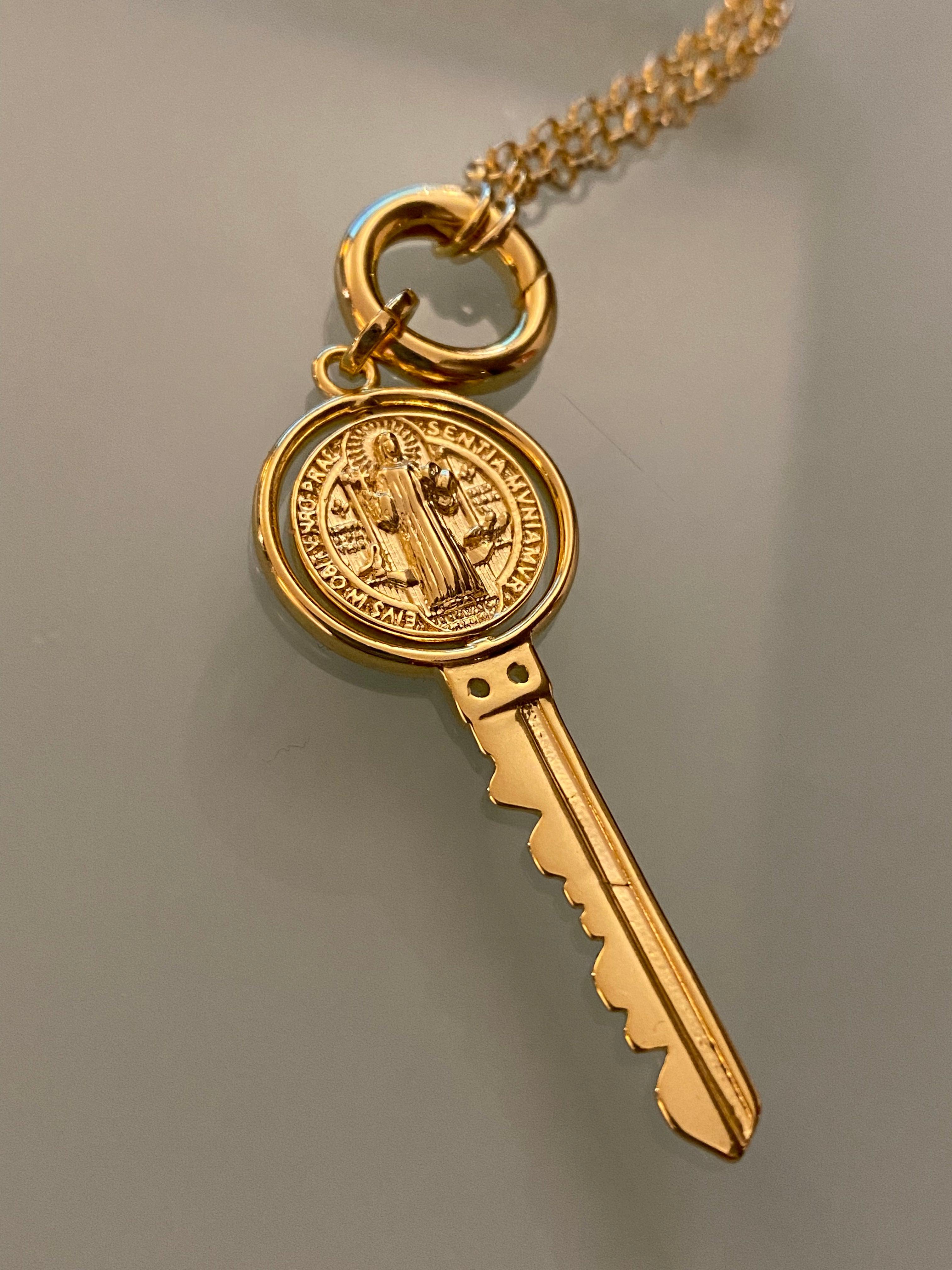 Mondsee 18k Gold Filled Key Pendant Featuring Swivel Medal Of St. Benedict | 18k Gold Filled Jewelry