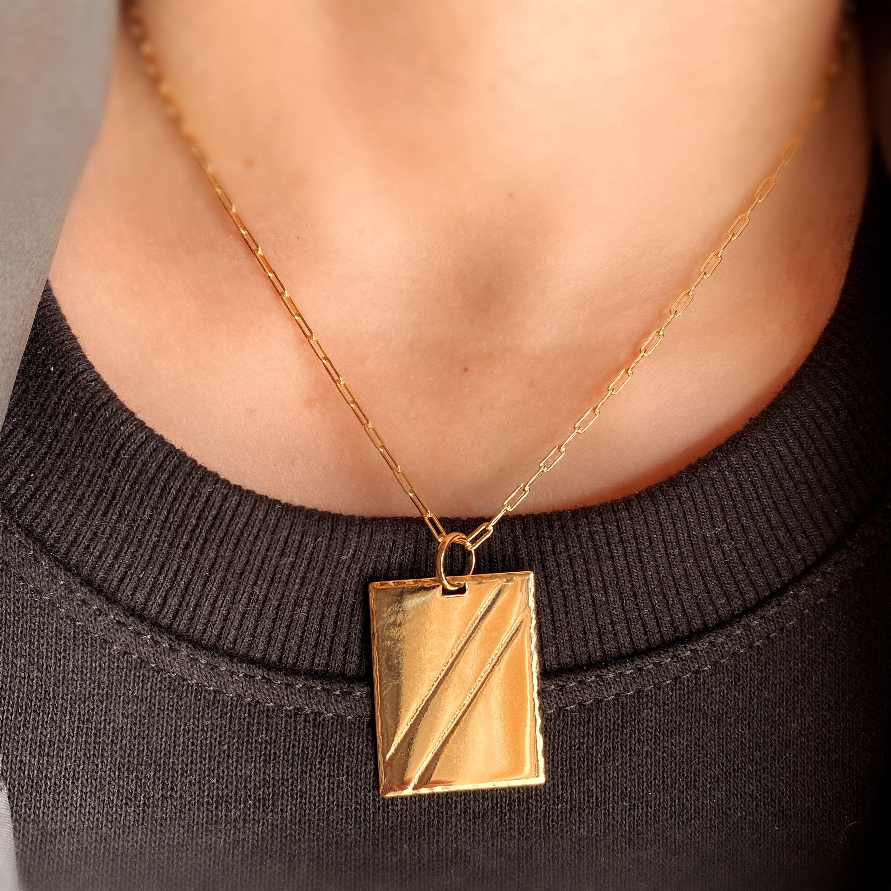 Mondsee 18k Gold Filled Luxury Tag Plate Rectangle Pendant Diamond Cut Frame | 18k Gold Filled Jewelry