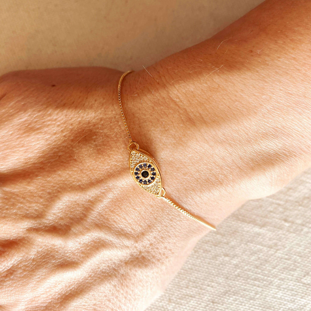 Mondsee 18k Gold Filled Micro Pave Cubic Zirconia Evil Eye Bracelet Featuring Sapphire And Clear CZ | 18k Gold Filled Jewelry