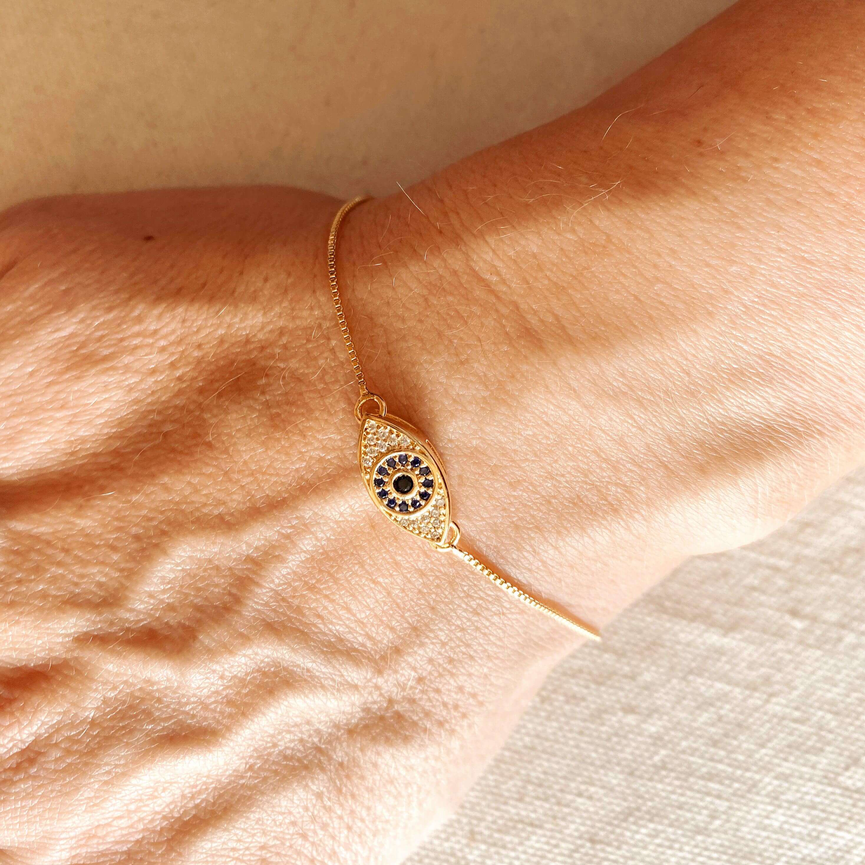 Mondsee 18k Gold Filled Micro Pave Cubic Zirconia Evil Eye Bracelet Featuring Sapphire And Clear CZ | 18k Gold Filled Jewelry