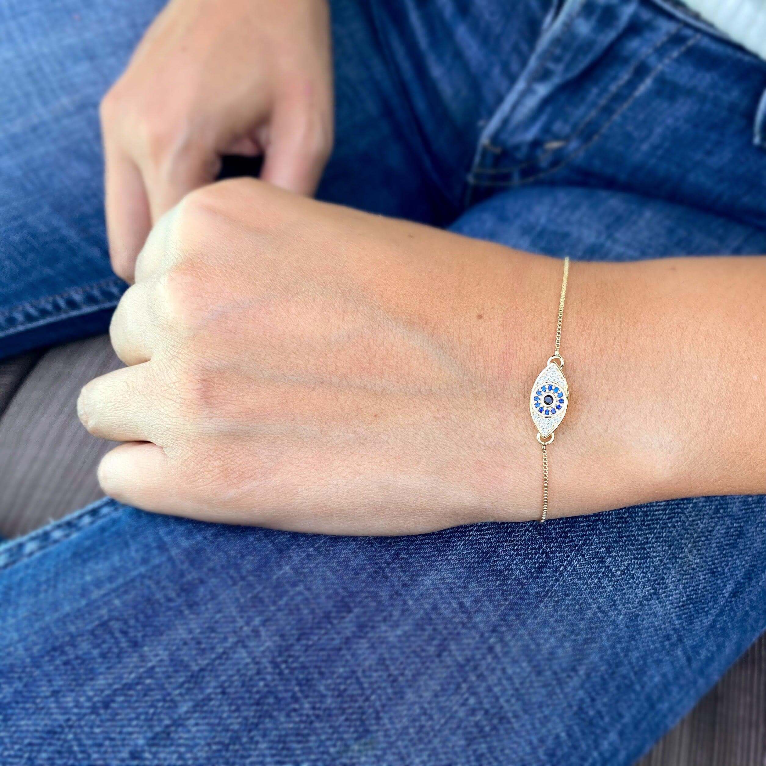Mondsee 18k Gold Filled Micro Pave Cubic Zirconia Evil Eye Bracelet Featuring Sapphire And Clear CZ | 18k Gold Filled Jewelry