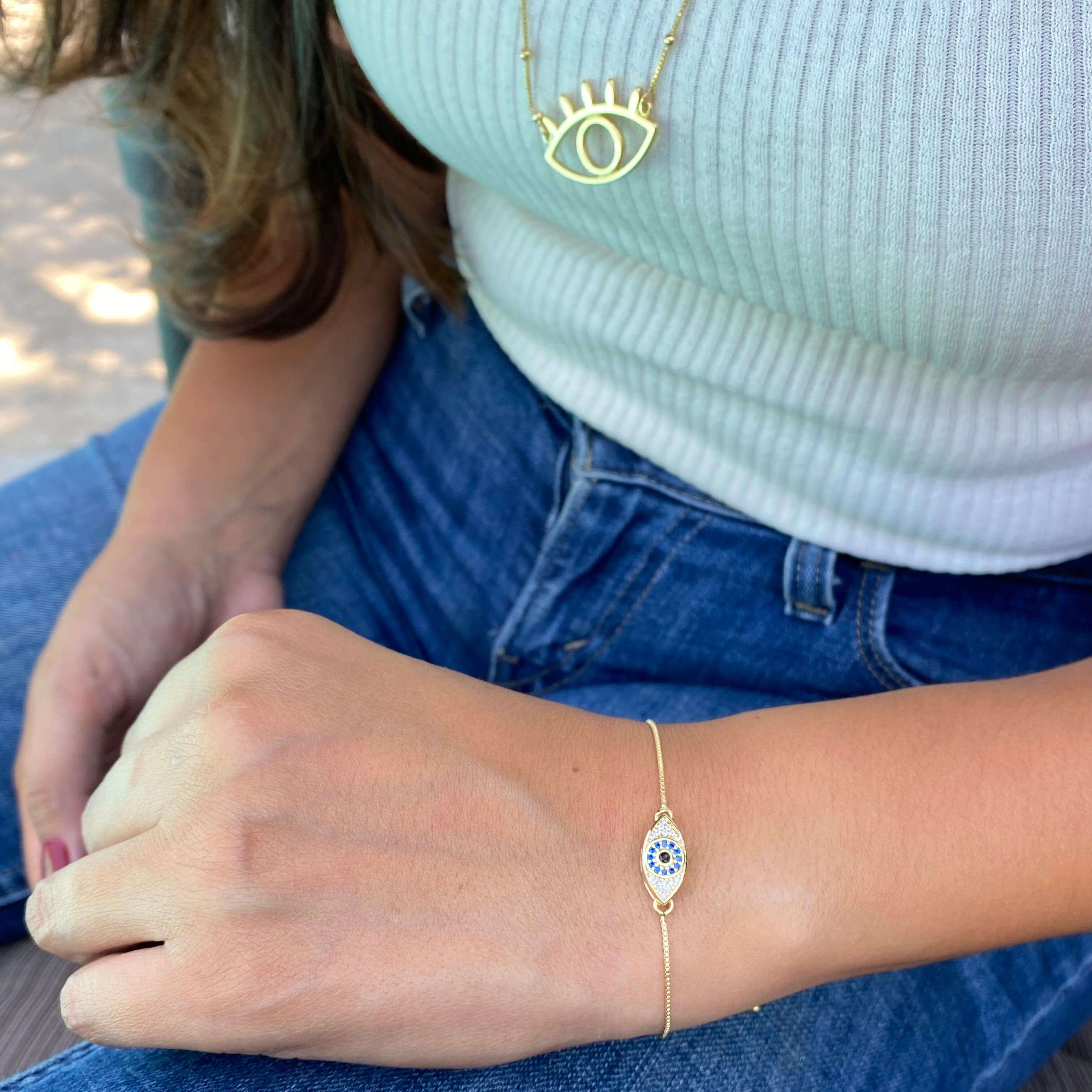 Mondsee 18k Gold Filled Micro Pave Cubic Zirconia Evil Eye Bracelet Featuring Sapphire And Clear CZ | 18k Gold Filled Jewelry