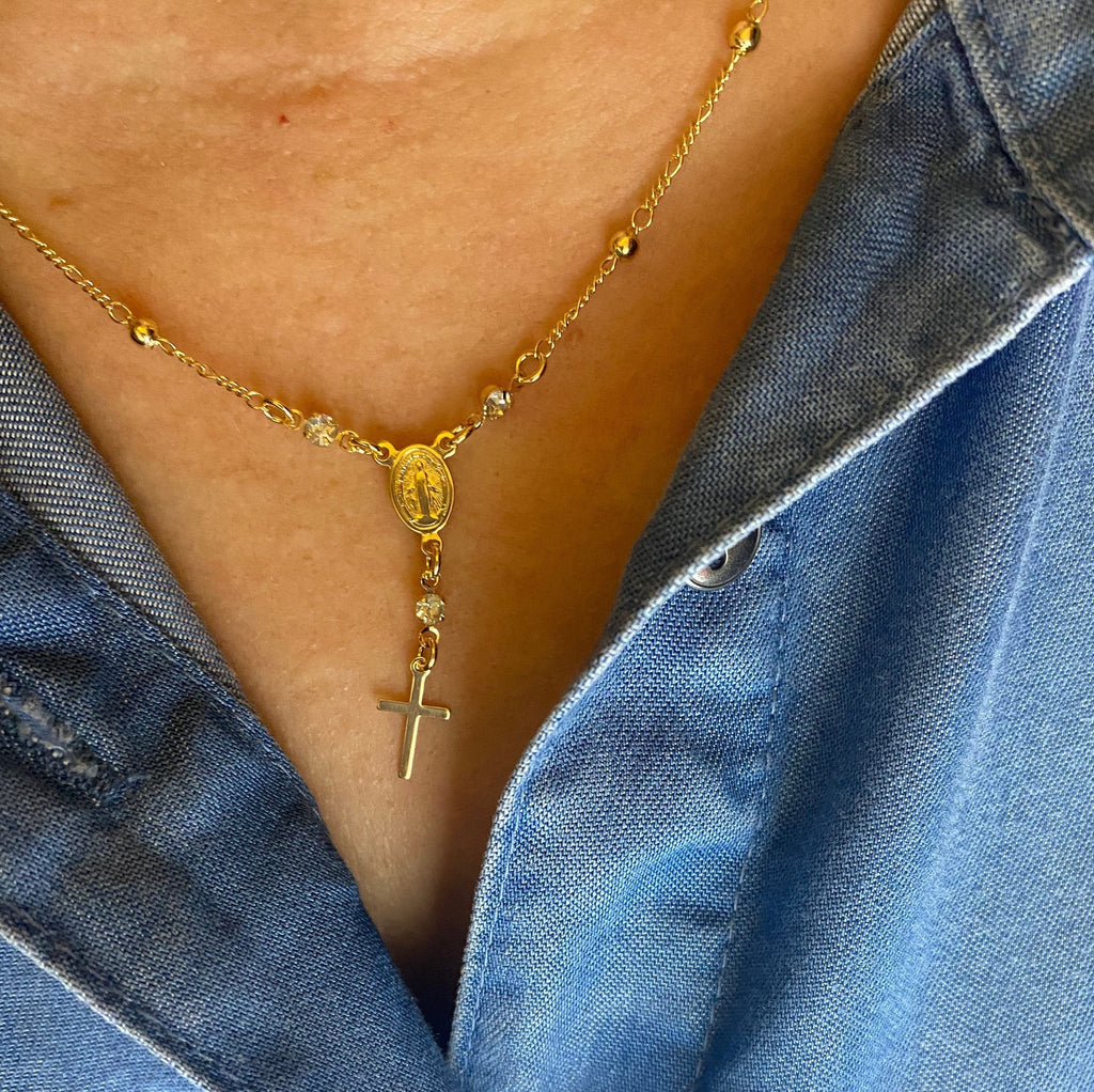 Mondsee 18k Gold Filled Rosary Ball Chain and Cross Pendant | 18k Gold Filled Jewelry
