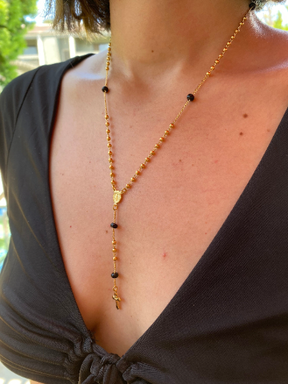 Mondsee 18k Gold Filled Our Mother of Grace With Black Bead Rosary Necklace | 18k Gold Filled Jewelry