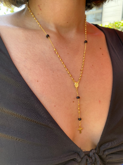 Mondsee 18k Gold Filled Our Mother of Grace With Black Bead Rosary Necklace | 18k Gold Filled Jewelry