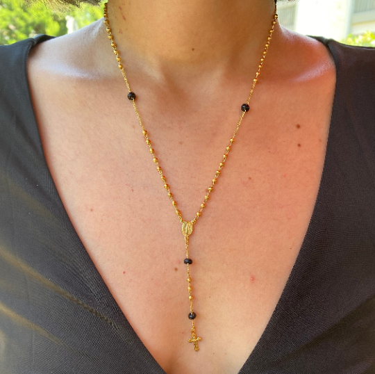 Mondsee 18k Gold Filled Our Mother of Grace With Black Bead Rosary Necklace | 18k Gold Filled Jewelry