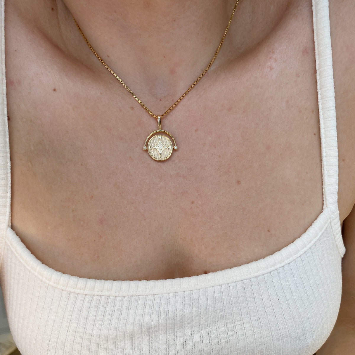 18k Gold Filled Swivel Compass Pendant Featuring Star Textured Background And Cardinal Points, view 2