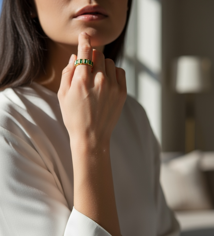 Mondsee 18k Gold Filled Chunky Emerald CZ Eternity Band Ring | 18k Gold Filled Jewelry