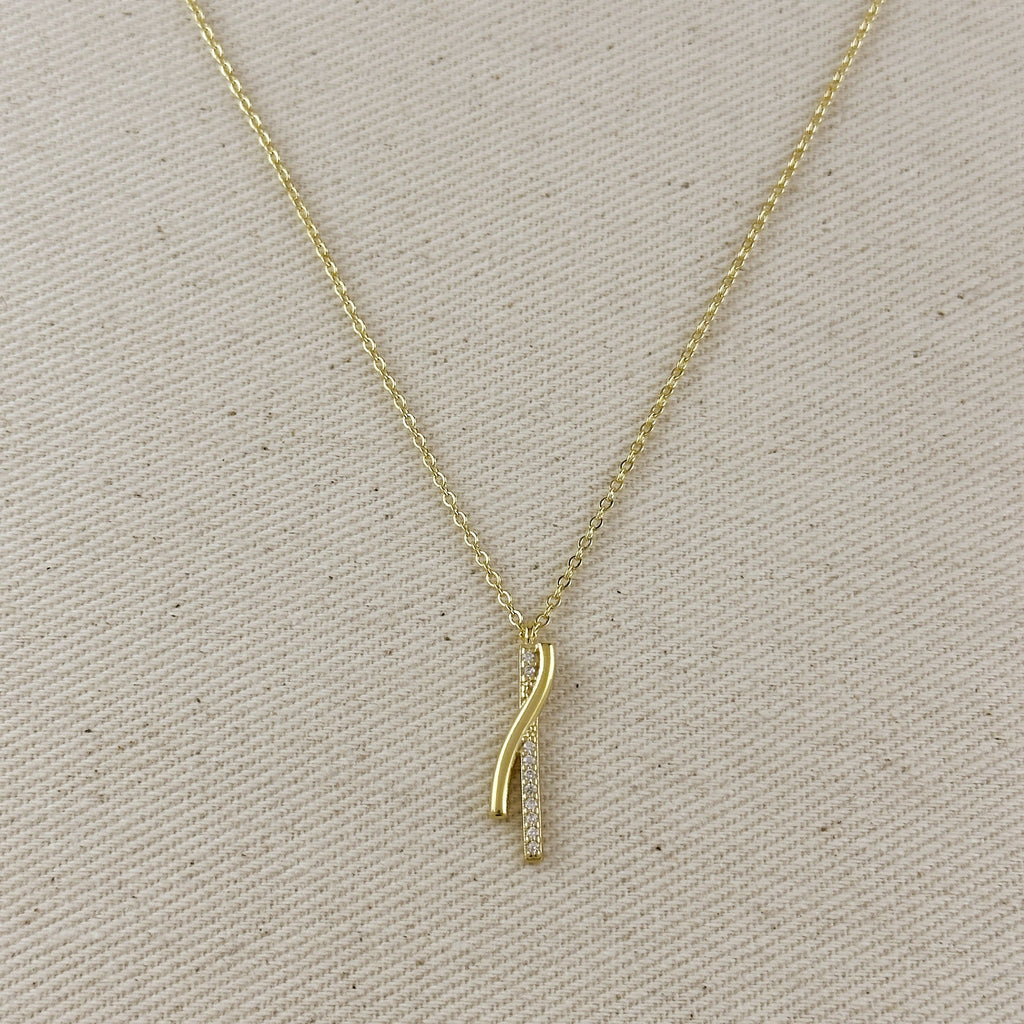 18k Gold Filled Curve Bar CZ Necklace