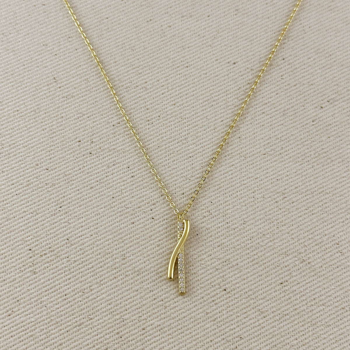 18k Gold Filled Curve Bar CZ Necklace