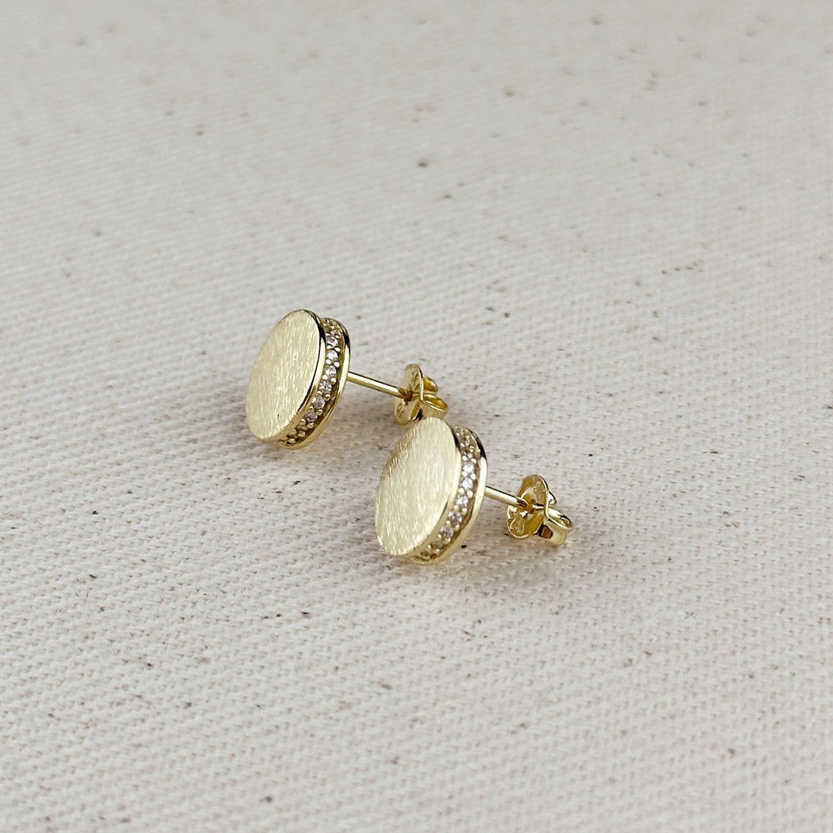 18k Gold Filled Brushed Button Stud Earrings With CZ Detail